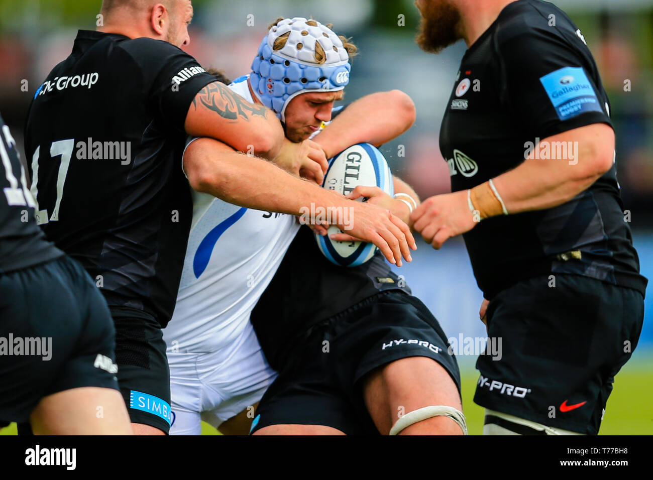 London, UK. 04th May, 2019. 4th May 2019, Allianz Park, London, England; Gallagher Premiership, Saracens vs Exeter Chiefs ; Richard Capstick (07) of Exeter receives a tackle from Hayden Thompson-Stringer (17) of Saracens Credit: Georgie Kerr/News Images Credit: News Images /Alamy Live News Stock Photo