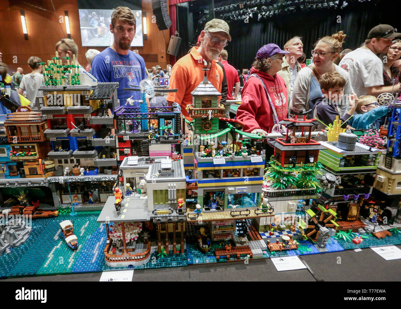 Richmond, Canada. 04th May, 2019. People look at LEGO models during the annual BrickCan convention River Rock Theater in Richmond, Canada, May 4, 2019. As one of Canada's largest LEGO conventions,