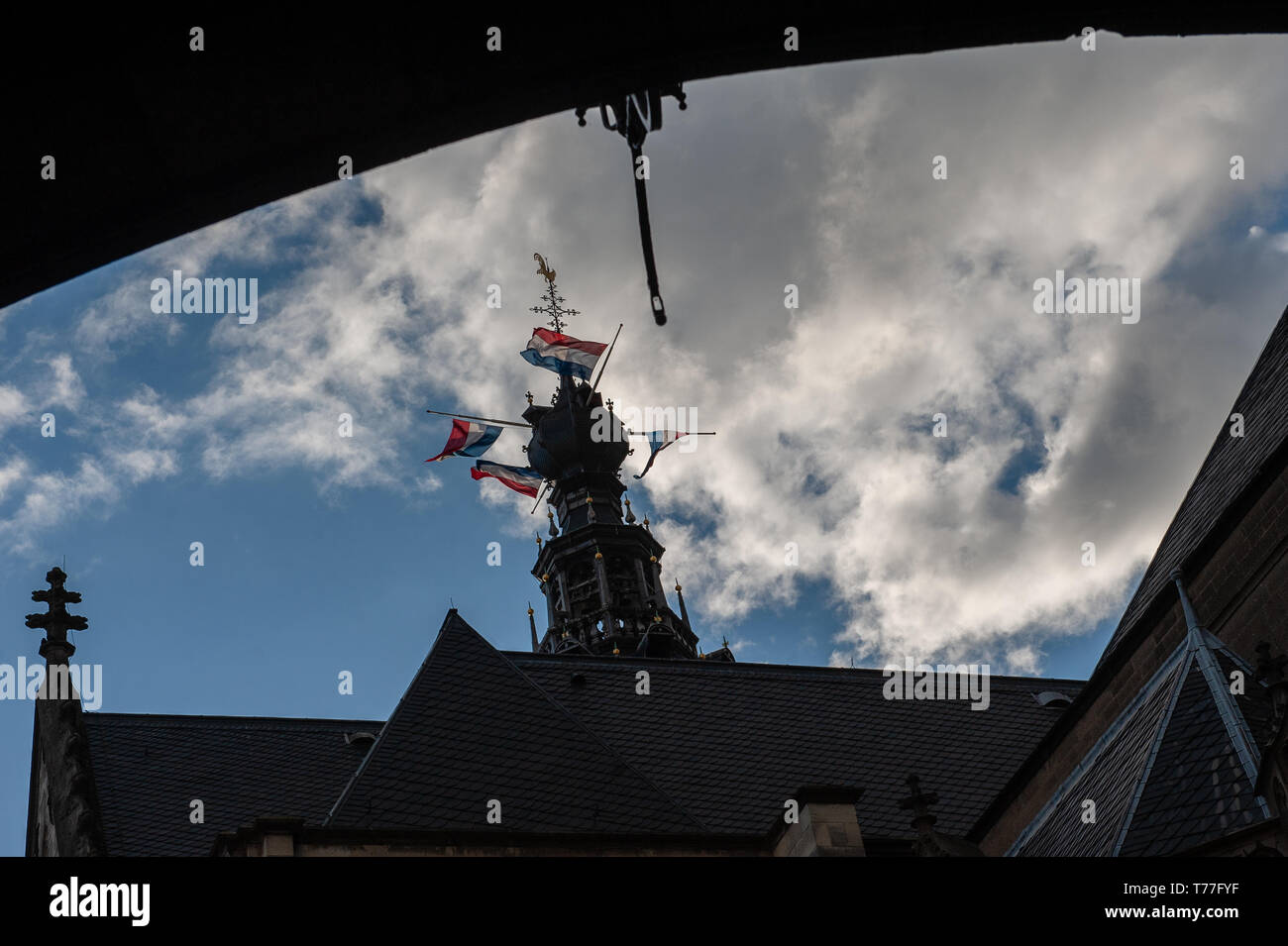 Nijmegen, Netherlands. 04th May, 2019. Dutch flags are seen flying at half-mast during the event. Remembrance day celebrations of the victims of WWII in Nijmegen was held with several ceremonies, including: unveiling a plaque with an honorary list of the fallen soldiers of WWII on Plein 1944 square, After that, the commemorations took place at the 'Kitty de Wijze', Then from St. Stephen's Church a silent procession on the streets of 'Keizer Traianusplein', where two monuments of the victims of WWII stand. Credit: SOPA Images Limited/Alamy Live News Stock Photo