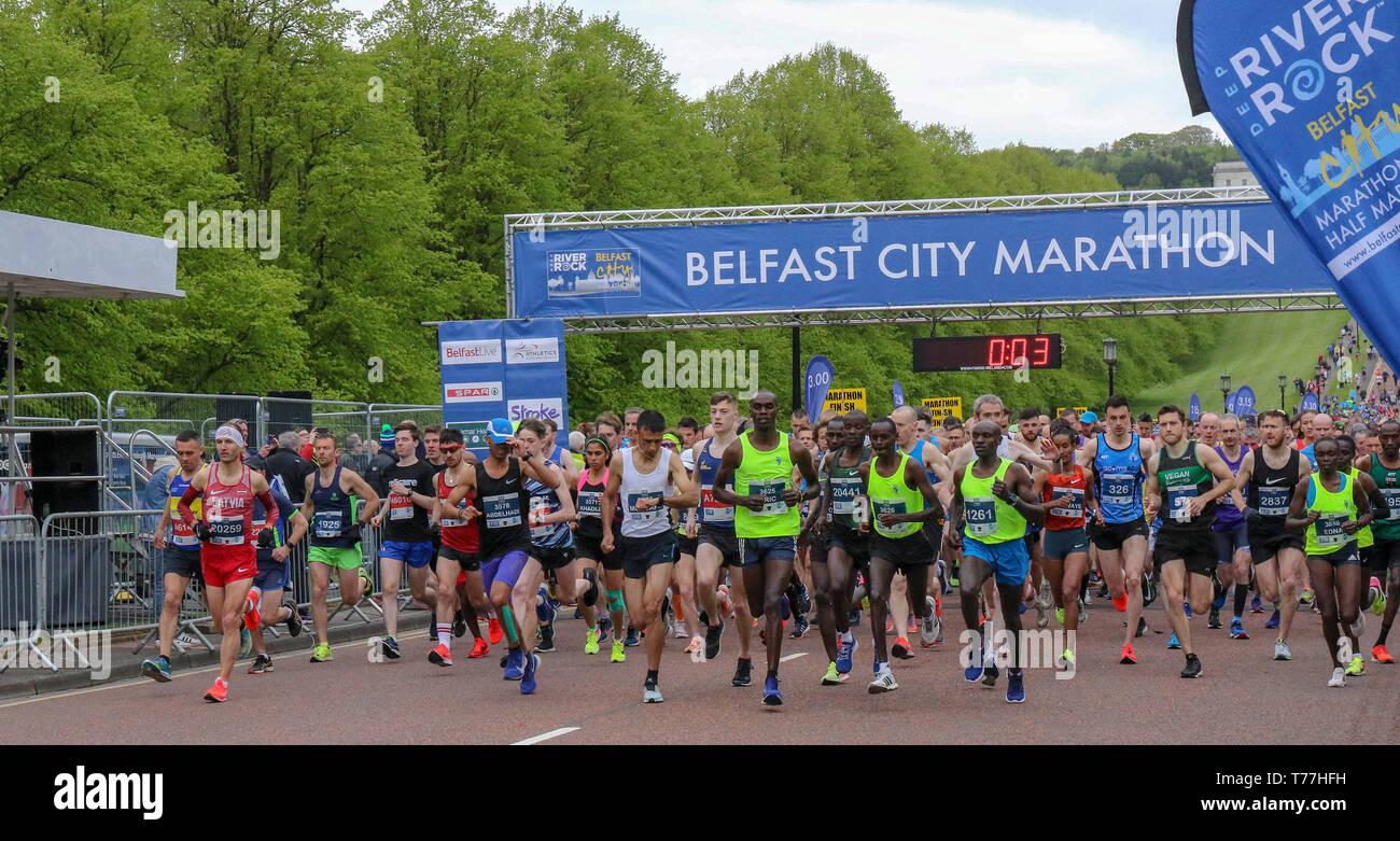Belfast, Northern Ireland. 05th May 2019. The Deep River Rock Belfast City Marathon was held this morning. Traditionally held on the early May Bank Holiday Monday, the race was switched to Sunday this year. As a result the number of entrants increased from 2900 to 4800. The event started at Stormont this year.Credit: David Hunter/Alamy Live News. Stock Photo