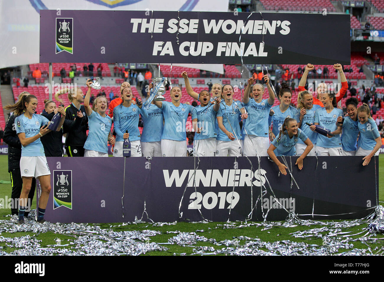 London, UK. 04th May, 2019. Manchester City celebrate winning the FA Women's Cup Final match between Manchester City Women and West Ham United Ladies at Wembley Stadium on May 4th 2019 in London, England. Credit: PHC Images/Alamy Live News Stock Photo