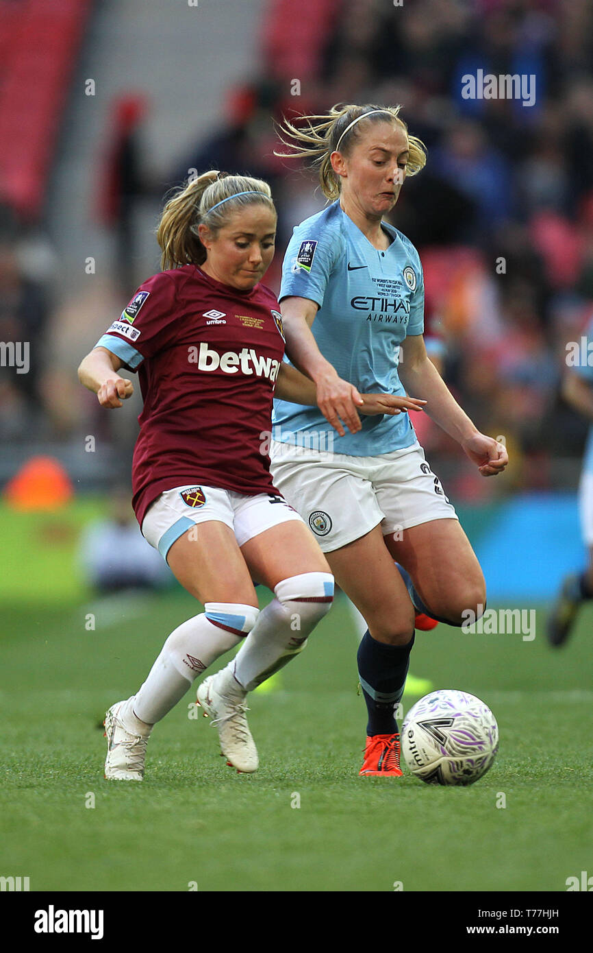 London, UK. 04th May, 2019. Brianna Visalli of West Ham United and Keira Walsh of Manchester City during the FA Women's Cup Final match between Manchester City Women and West Ham United Ladies at Wembley Stadium on May 4th 2019 in London, England. Credit: PHC Images/Alamy Live News Stock Photo
