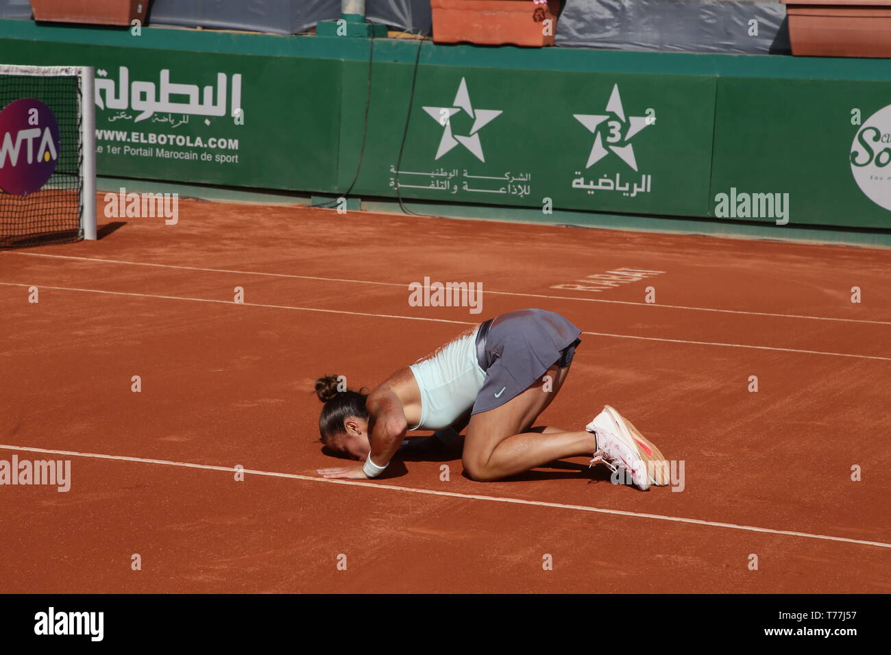 Rabat, Morocco. 5th May, 2019. Maria Sakkari of Greece celebrates after the  final of WTA Rabat Tournament in Rabat, Morocco on May 4, 2019. Maria  Sakkari won Johanna Konta of the Great
