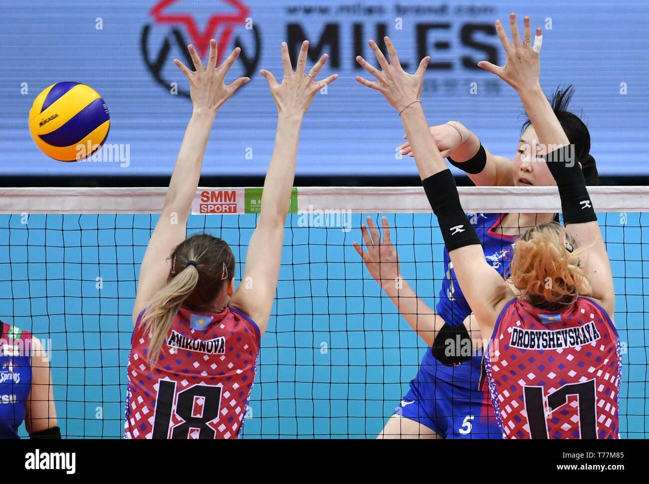 Tianjin, China. 5th May, 2019. Hikari Kato (2nd R) of Hisamitsu Seiyaku  Springs spikes during the 3&4 placement match between Hisamitsu Seiyaku  Springs of Japan and Altay VC of Kazakhstan at the