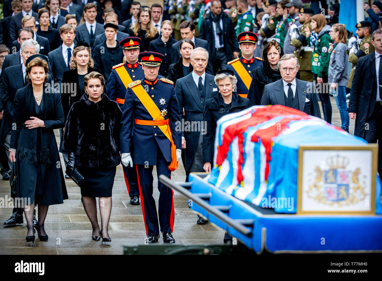 Grand Duke Henri, Grand Duchess Maria Teresa, Prince Guillaume, Prince Jean, Arch Duchess Marie Astrid and Princess Margaretha of Luxembourg at Funeral of Grand Duke Jean at the Cathedral in Luxembourg, 4 May 2019. Photo: Patrick van Katwijk | Stock Photo