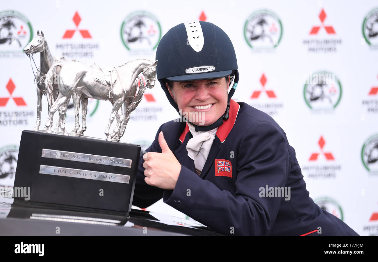 Badminton Estate, Badminton, UK. 5th May, 2019. Mitsubishi Motors Badminton Horse Trials, day 5; Piggy French (GBR) holds the winners trophy after winning Badminton 2019 riding VANIR KAMIRA on day 5 of the 2019 Badminton Horse Trials Credit: Action Plus Sports/Alamy Live News Stock Photo