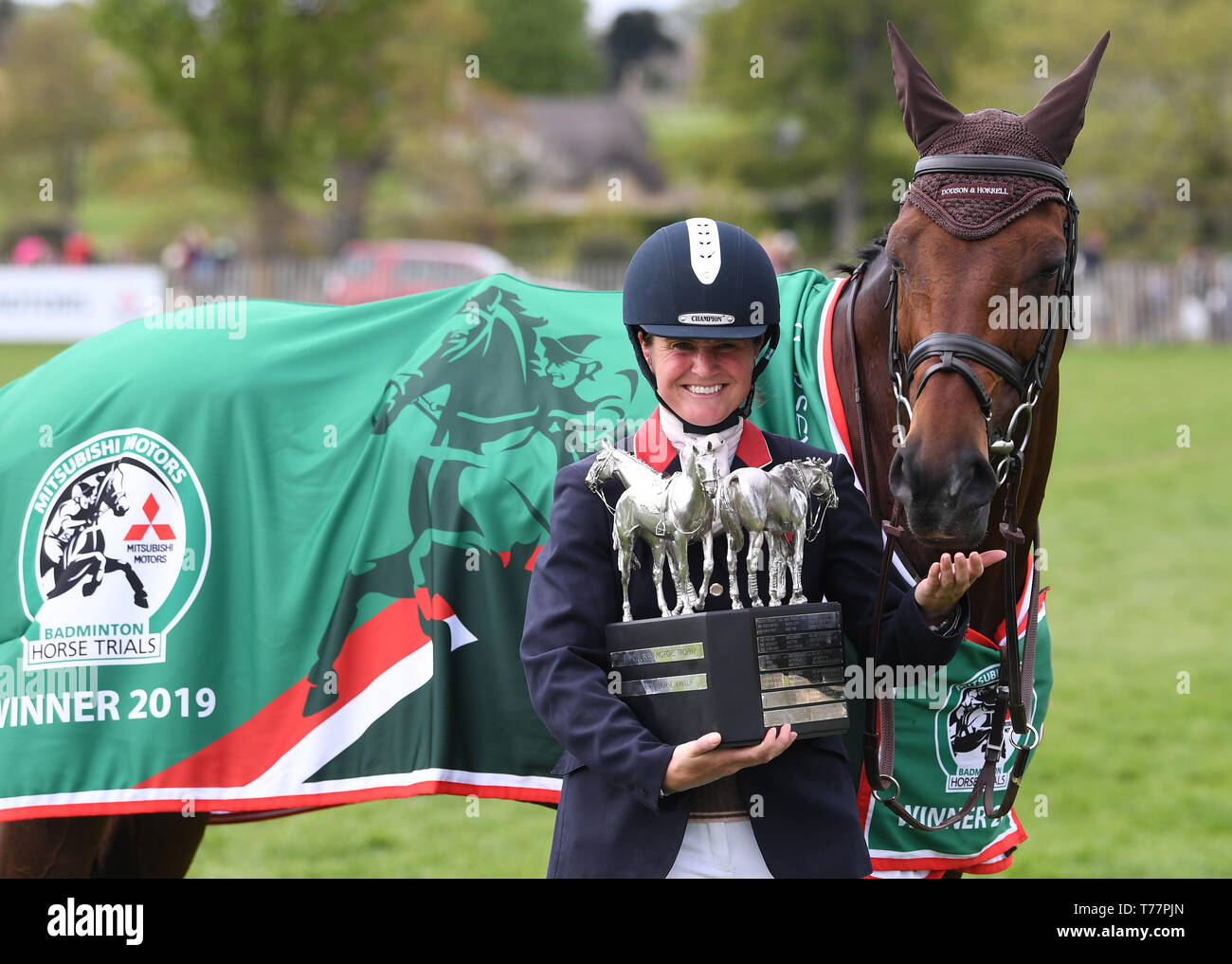 Badminton Estate, Badminton, UK. 5th May, 2019. Mitsubishi Motors Badminton Horse Trials, day 5; Piggy French (GBR) holds the winners trophy with VANIR KAMIRA after winning Badminton 2019 on day 5 of the 2019 Badminton Horse Trials Credit: Action Plus Sports/Alamy Live News Stock Photo