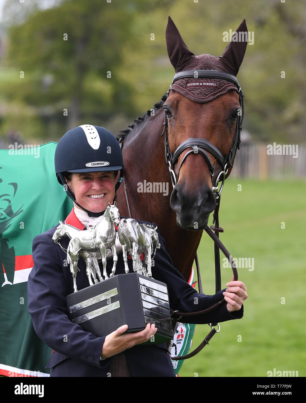 Badminton Estate, Badminton, UK. 5th May, 2019. Mitsubishi Motors Badminton Horse Trials, day 5; Piggy French (GBR) holds the winners trophy with VANIR KAMIRA after winning Badminton 2019 on day 5 of the 2019 Badminton Horse Trials Credit: Action Plus Sports/Alamy Live News Stock Photo