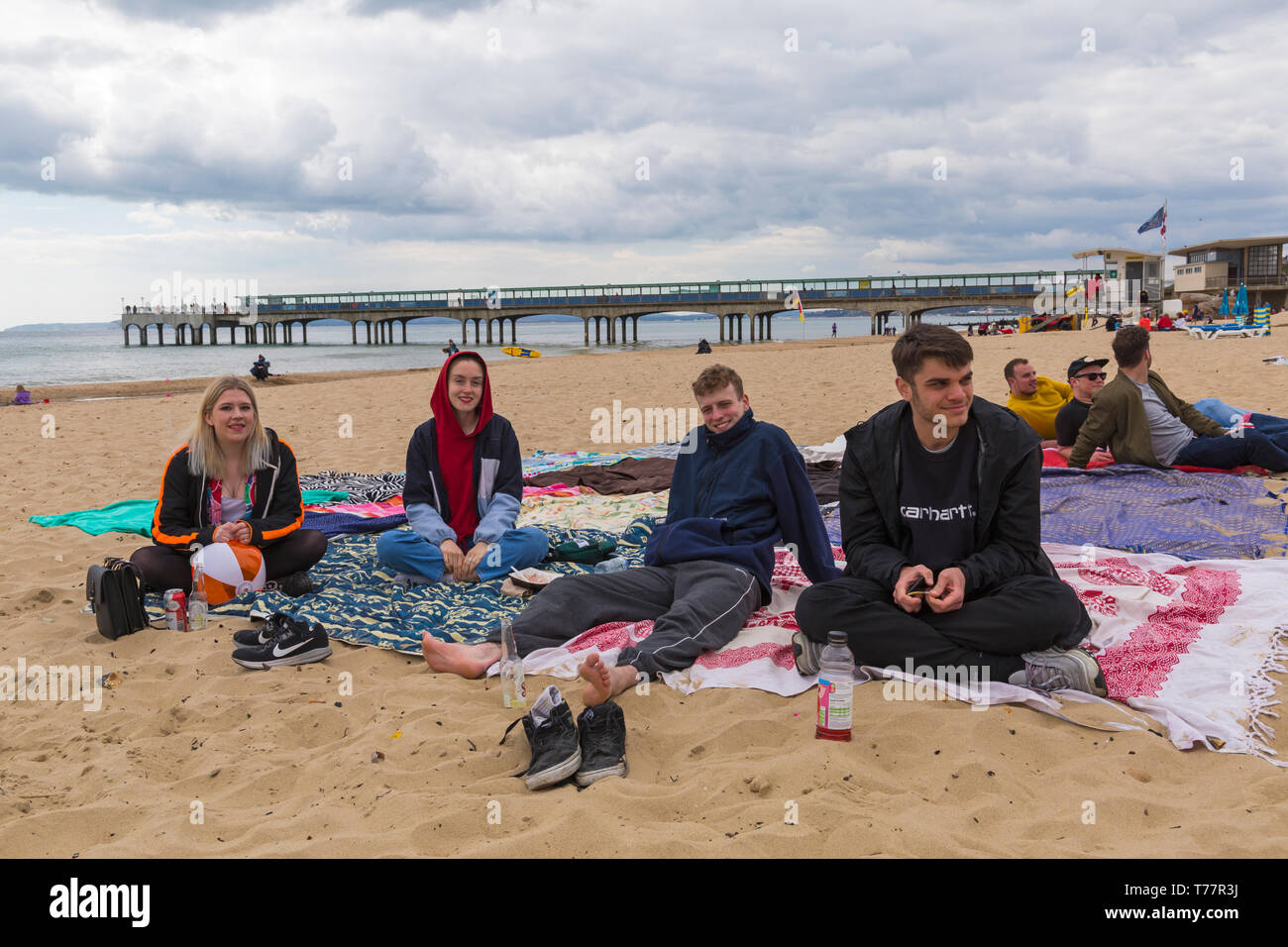 Boscombe, Bournemouth, Dorset, UK. 5th May 2019. Bournemouth Emerging Arts Fringe (BEAF) Festival attracts visitors at Boscombe with arts, exhibitions, music events, theatre, performances, film, dance, workshops. Reefiesta Urban Reef tropical tiki takeover including Boscombe's biggest beach blanket. Credit: Carolyn Jenkins/Alamy Live News Stock Photo