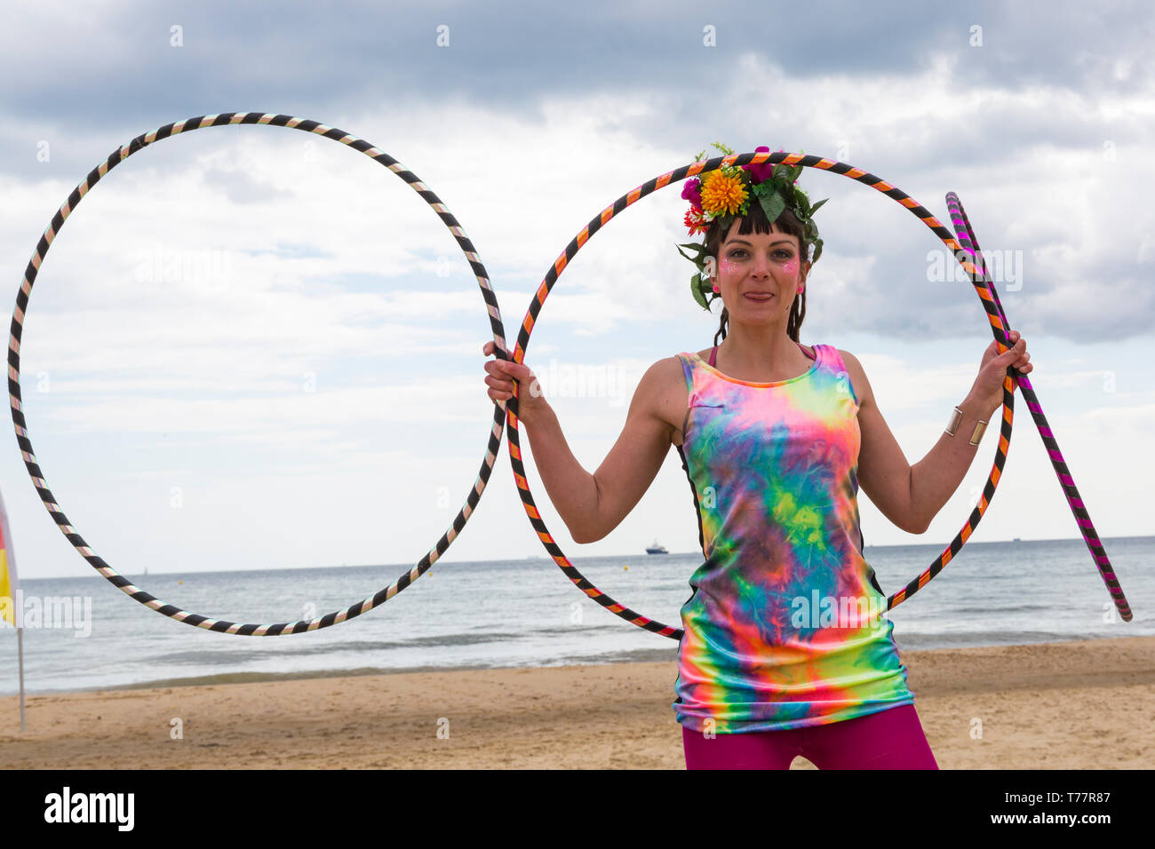 Boscombe, Bournemouth, Dorset, UK. 5th May 2019. Bournemouth Emerging Arts Fringe (BEAF) Festival attracts visitors at Boscombe. Reefiesta Urban Reef tropical tiki takeover - Lottie Lucid with her hula hoops. Credit: Carolyn Jenkins/Alamy Live News Stock Photo
