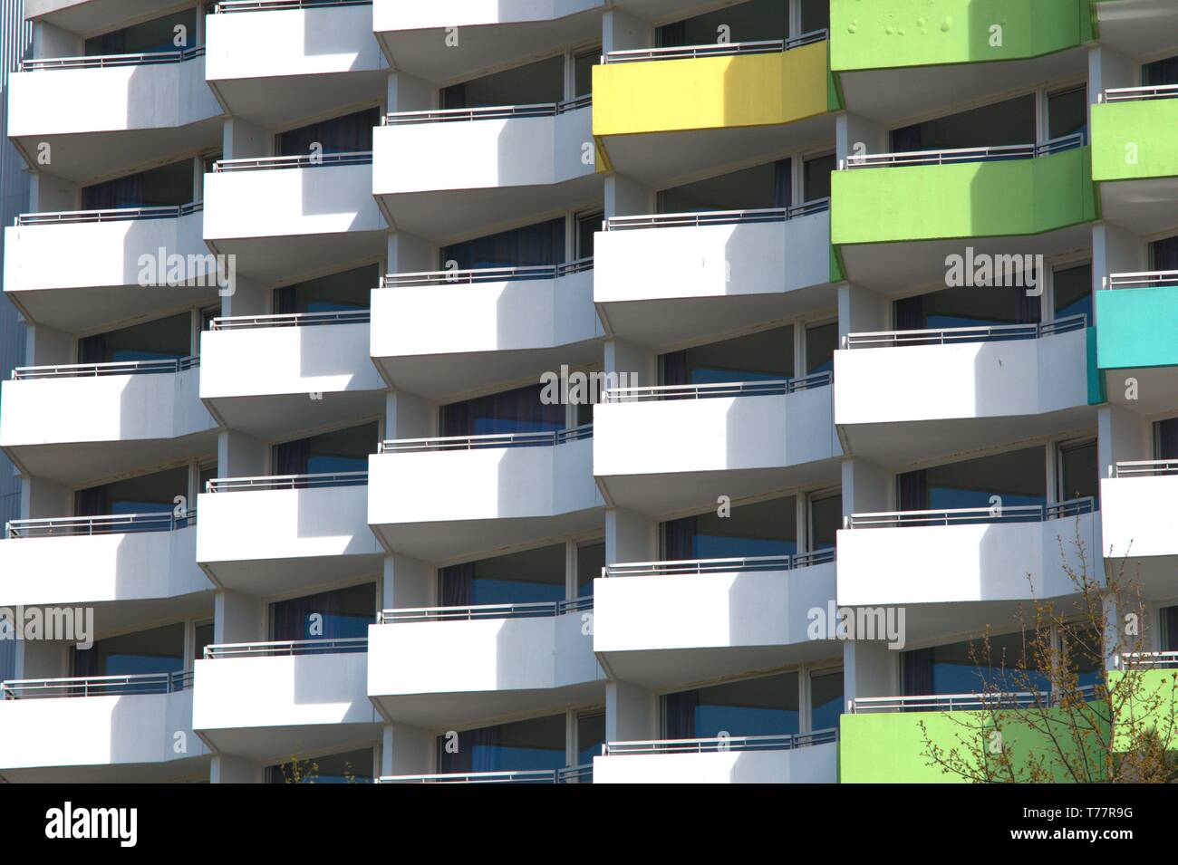 03.05.2019, balconies on the typical 70s buildings in Damp, in which today Helios Kliniken GmbH operates its HELIOS rehabilitation clinic Damp. The large Plattenbauten with the numerous balconies gave the Baltic Sea resort in the seventies his well-known face. | usage worldwide Stock Photo