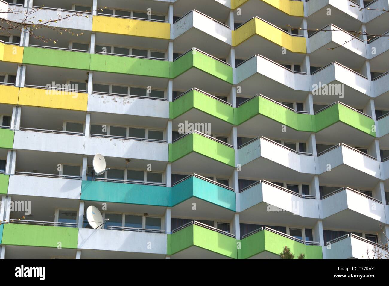 03.05.2019, balconies on the typical 70s buildings in Damp, in which today Helios Kliniken GmbH operates its HELIOS rehabilitation clinic Damp. The large Plattenbauten with the numerous balconies gave the Baltic Sea resort in the seventies his well-known face. | usage worldwide Stock Photo