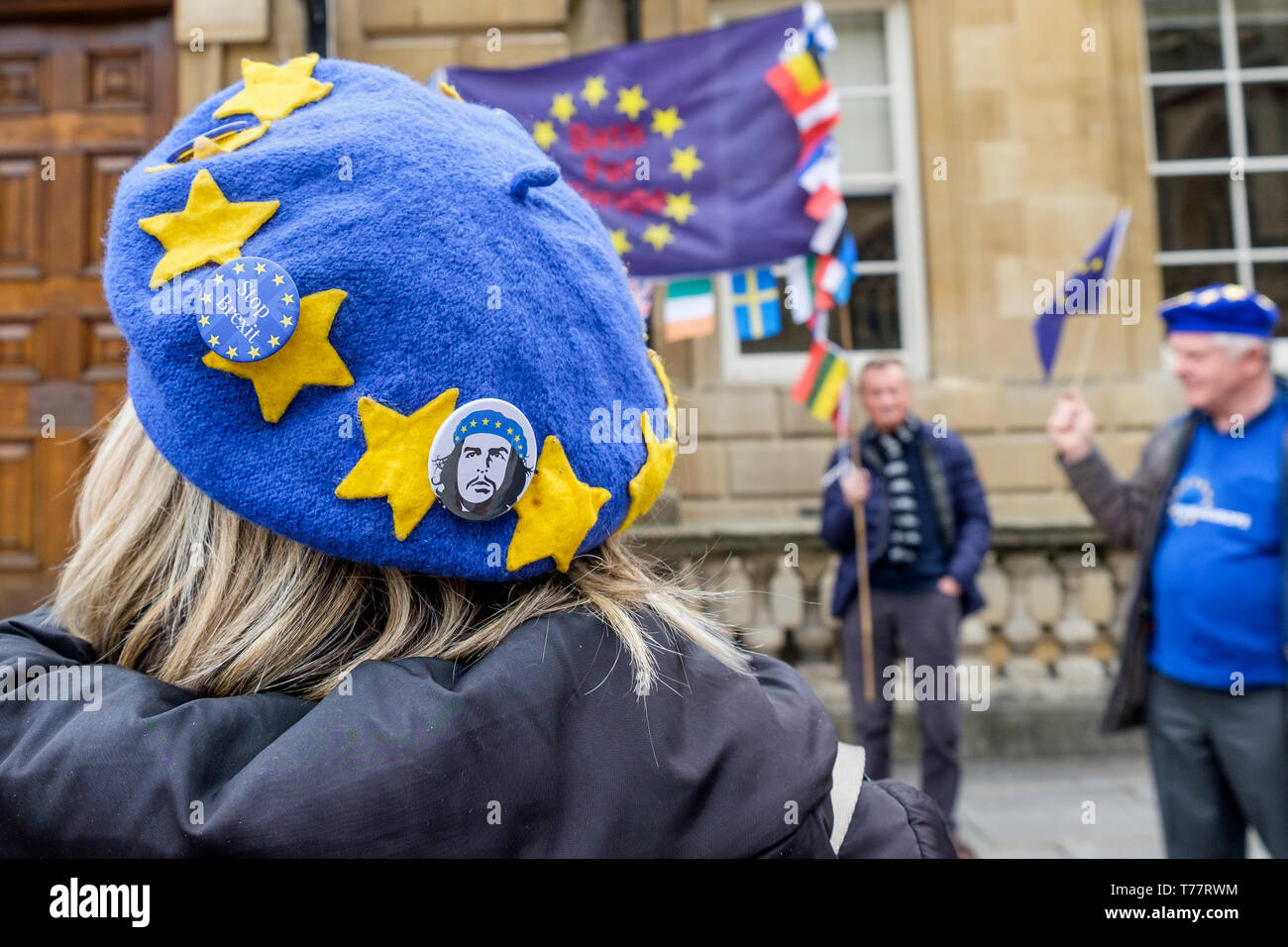 Bath, Somerset, UK, 5th May, 2019. A member from the Bath for Europe group is pictured wearing a bEUret / Bath Beret which has become one of the main symbols of the campaign to Remain in the EU as they take part in a walk through the streets of Bath. Bath for Europe are a non-party-political group of volunteers campaigning for the UK to remain at the heart of the European Union, they are also campaigning for a People’s Vote on the final Brexit deal. Credit: Lynchpics/Alamy Live News Stock Photo