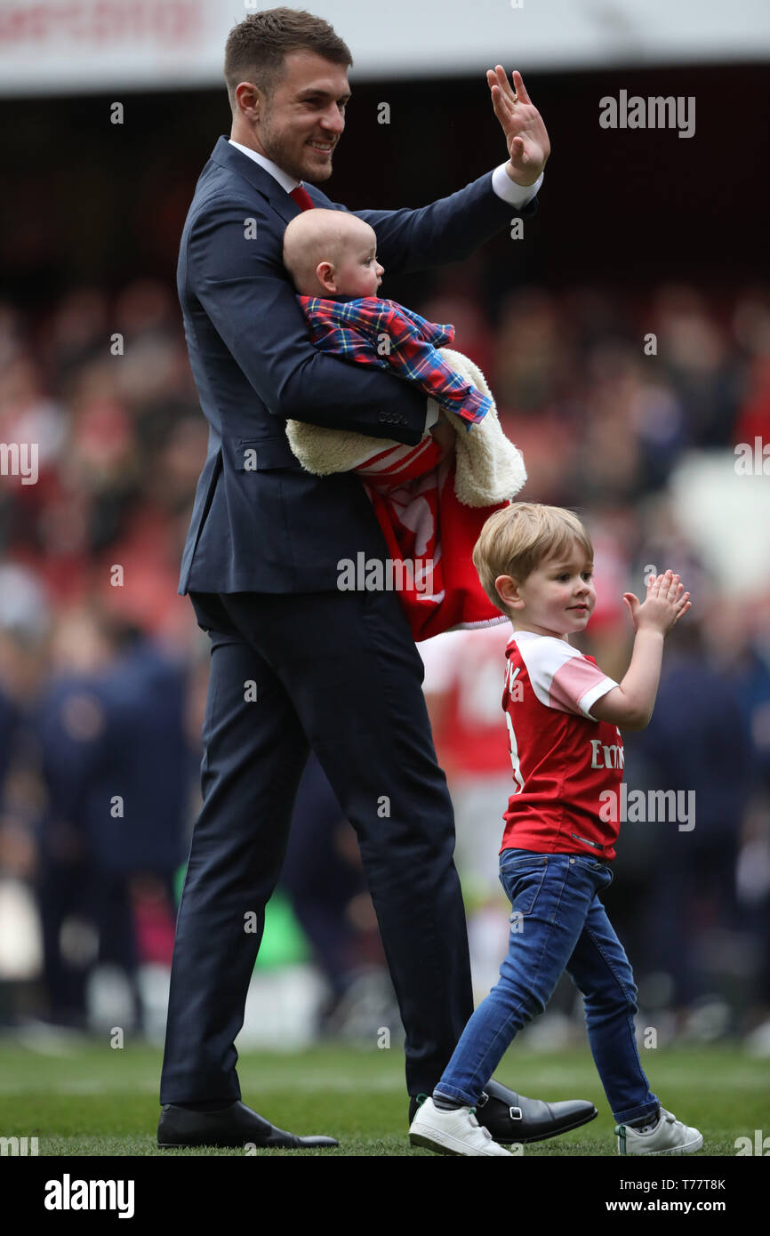 London, UK. 05th May, 2019. Aaron Ramsey (A) walks round to thank the fans, as he leaves Arsenal for Juventus at the end of the season, at the Arsenal v Brighton and Hove Albion English Premier League football match at The Emirates Stadium, London, UK on May 5, 2019. **Editorial use only, license required for commercial use. No use in betting, games or a single club/league/player publications** Credit: Paul Marriott/Alamy Live News Stock Photo
