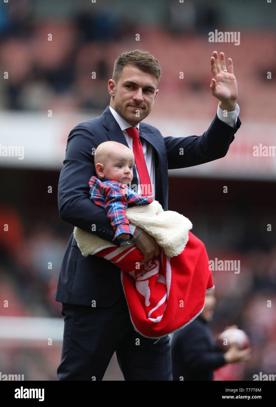 London, UK. 05th May, 2019. Aaron Ramsey (A) walks round to thank the fans, as he leaves Arsenal for Juventus at the end of the season, at the Arsenal v Brighton and Hove Albion English Premier League football match at The Emirates Stadium, London, UK on May 5, 2019. **Editorial use only, license required for commercial use. No use in betting, games or a single club/league/player publications** Credit: Paul Marriott/Alamy Live News Stock Photo