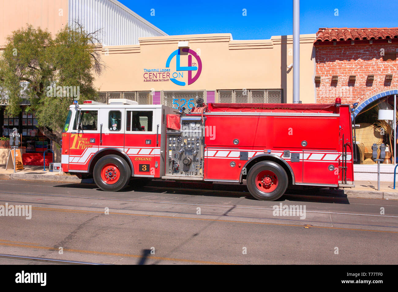 TFD Fire truck outside the Thornhill Youth Center on 4th Ave in Tucson AZ Stock Photo