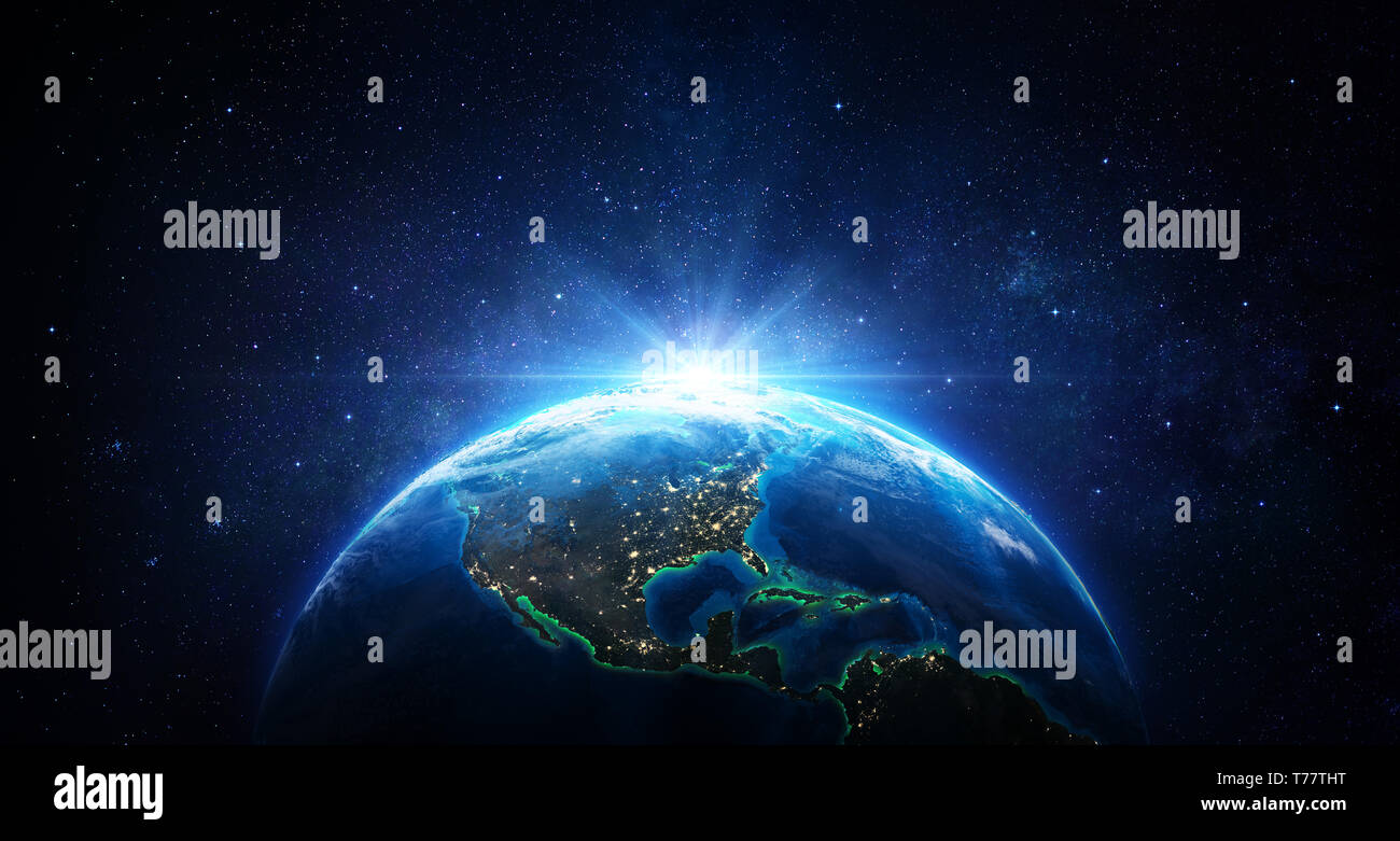 Sunrise In The Space - Blue Earth With City Lights - Usa elements of this image furnished by NASA - 3d Rendering Stock Photo