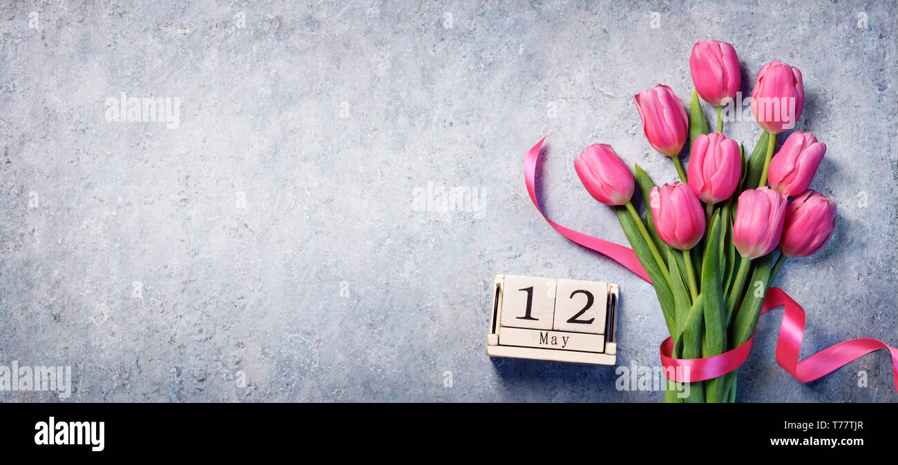 Mothers Day - Calendar With Tulips Bouquet Stock Photo