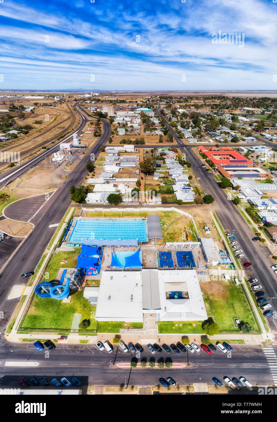Popular holiday destination Moree town aquatic centre with hot artesian water from artesian basin in sports complex for relaxation and exercise for en Stock Photo