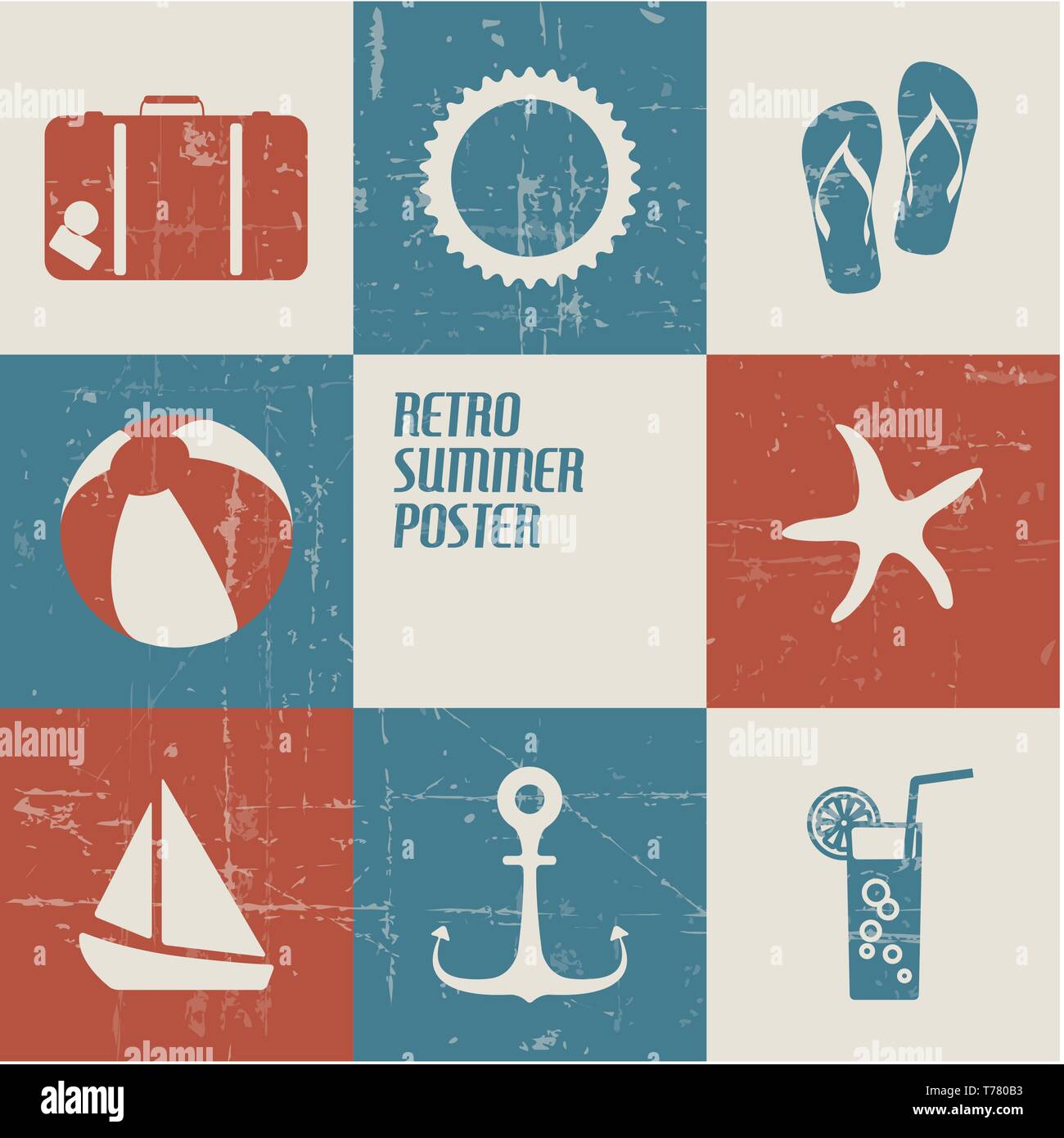 Vector summer poster made from icons - retro blue and red version Stock Vector