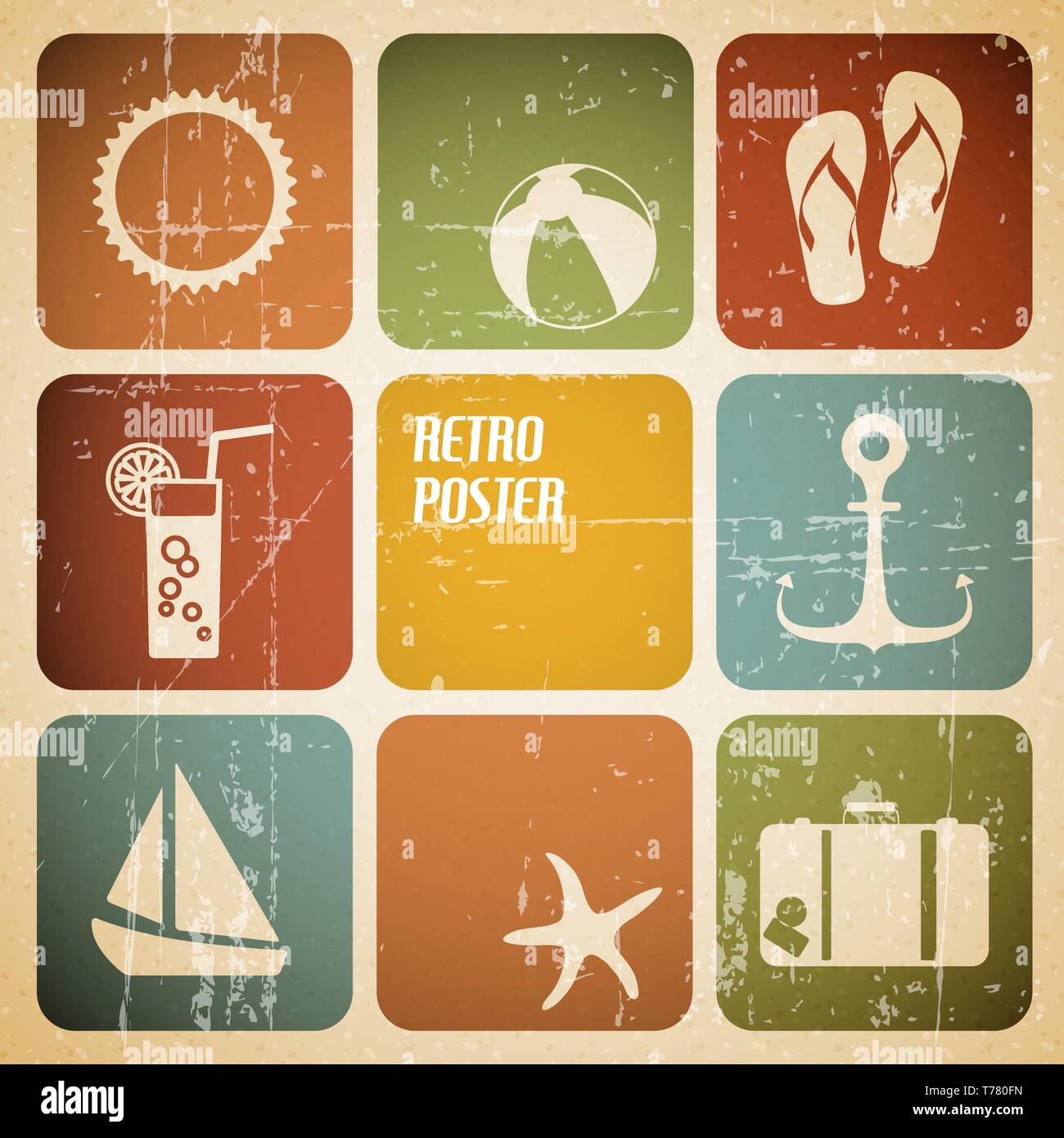 Vector summer poster made from icons - retro color version Stock Vector