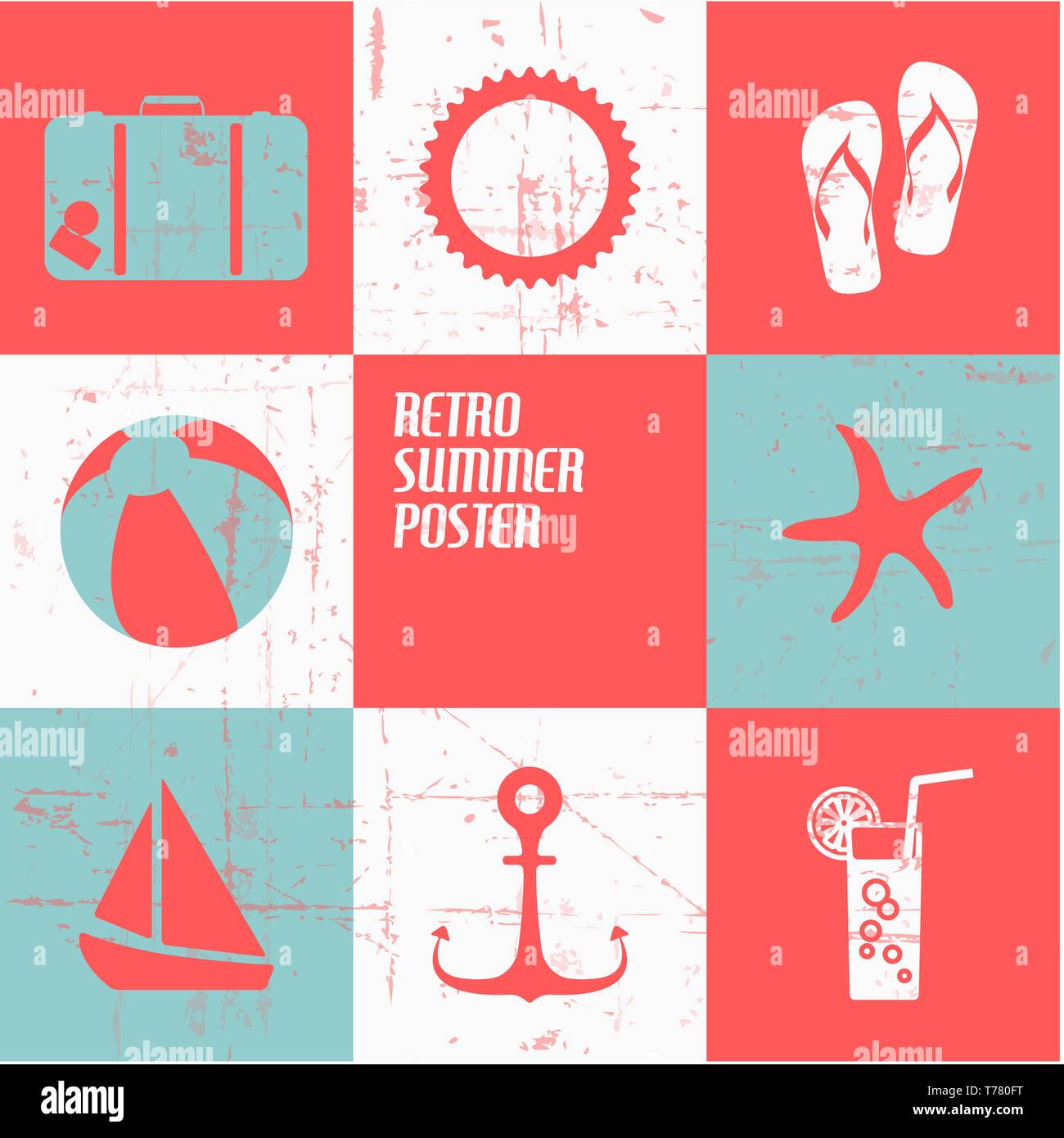 Vector summer poster made from icons - retro blue and red version Stock Vector