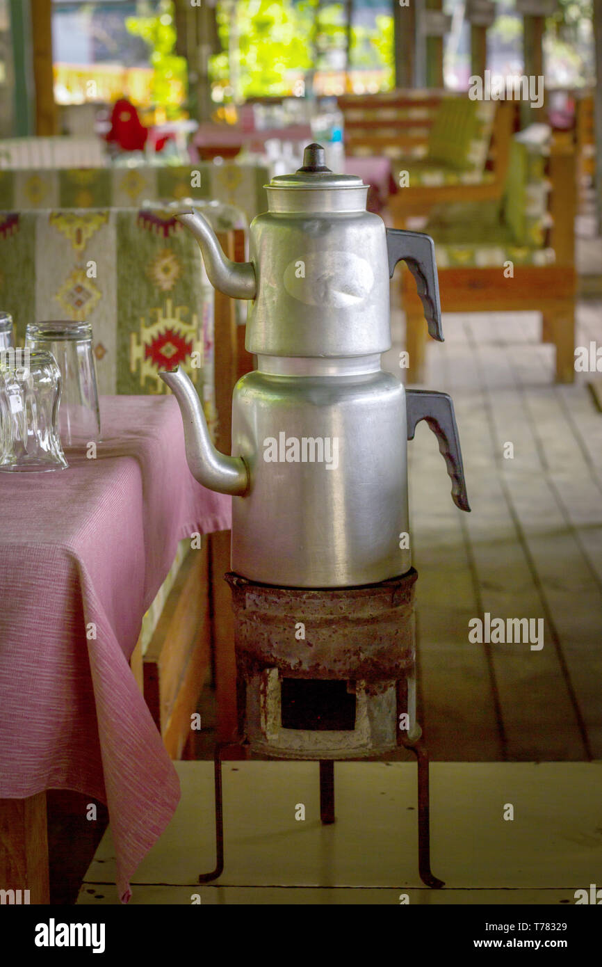 Traditional Turkish double tea pot in a national breakfast restaurant