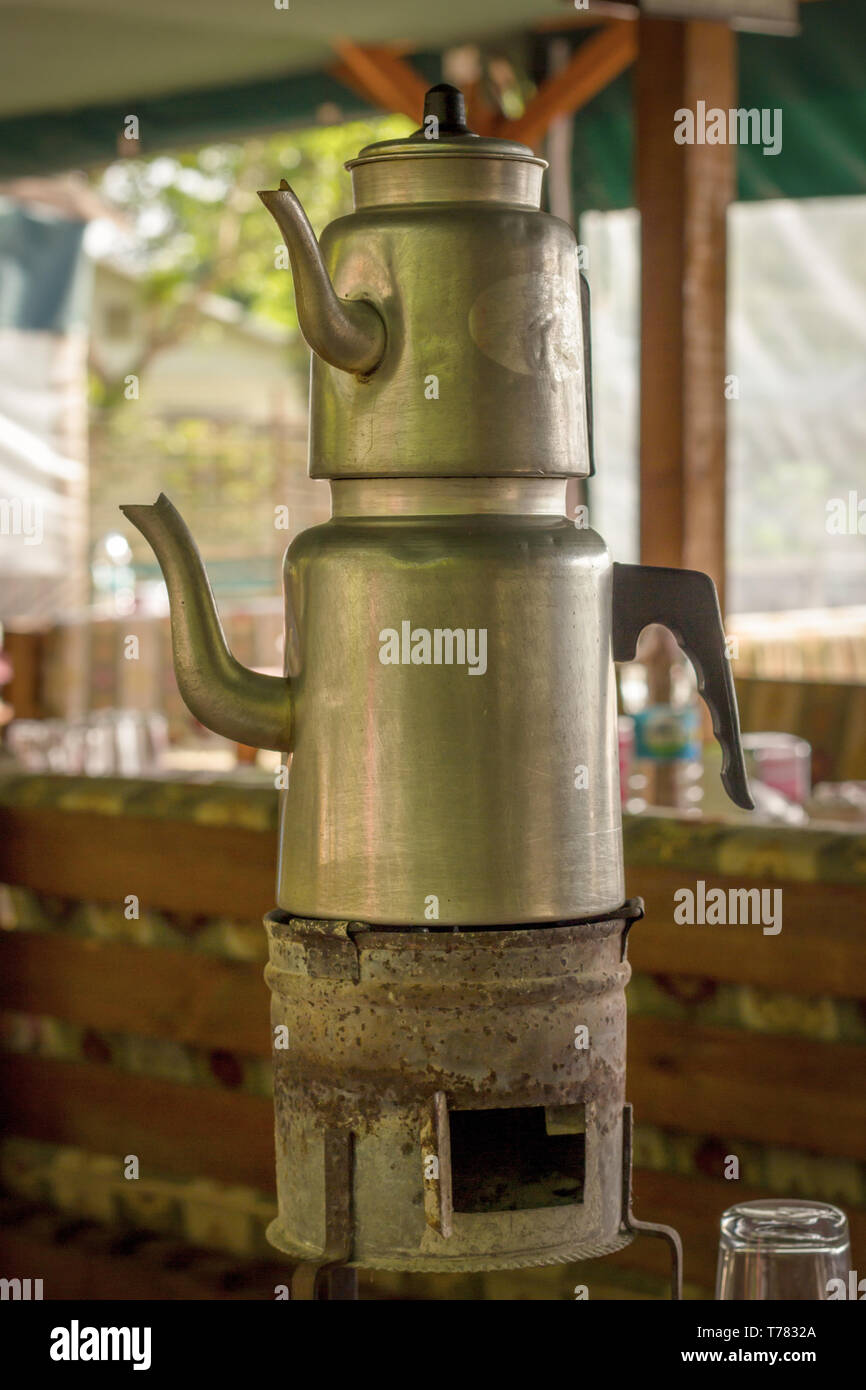 Traditional Turkish double tea pot in a national breakfast restaurant