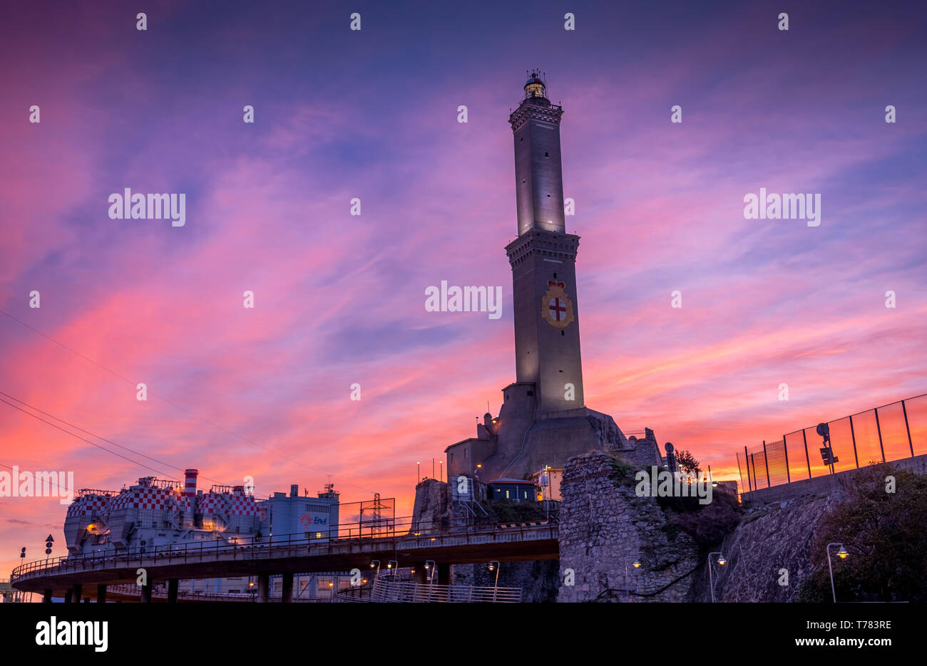 Genoa, Genova, Italy: Sunset view of the Lanterna (lighthouse symbol of the city). Famous lighthouses Stock Photo