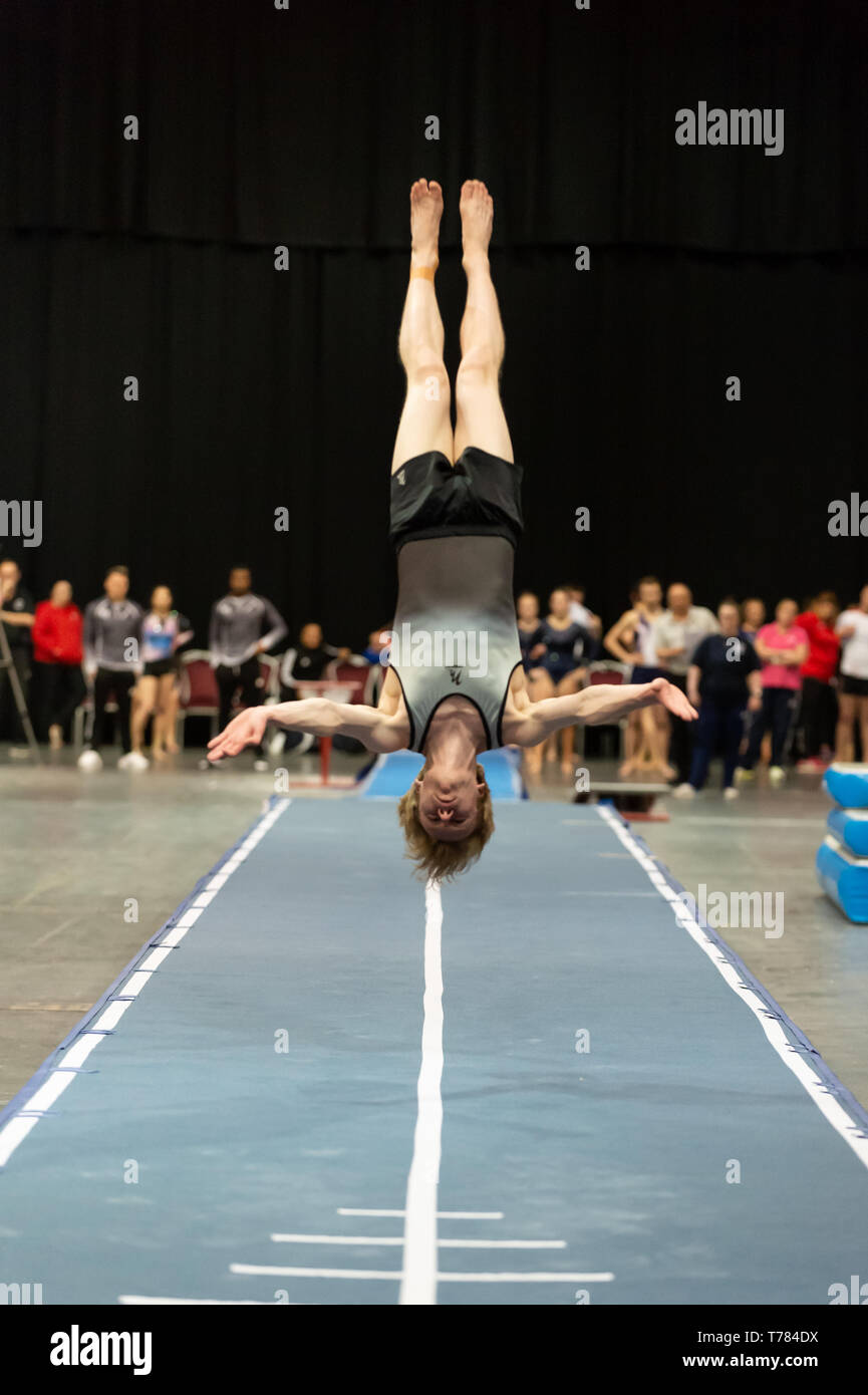 Telford, England, UK. 27 April, 2018. A male gymnast from Wakefield Gymnastics Club in action during Spring Series 1 at the Telford International Centre, Telford, UK. Stock Photo