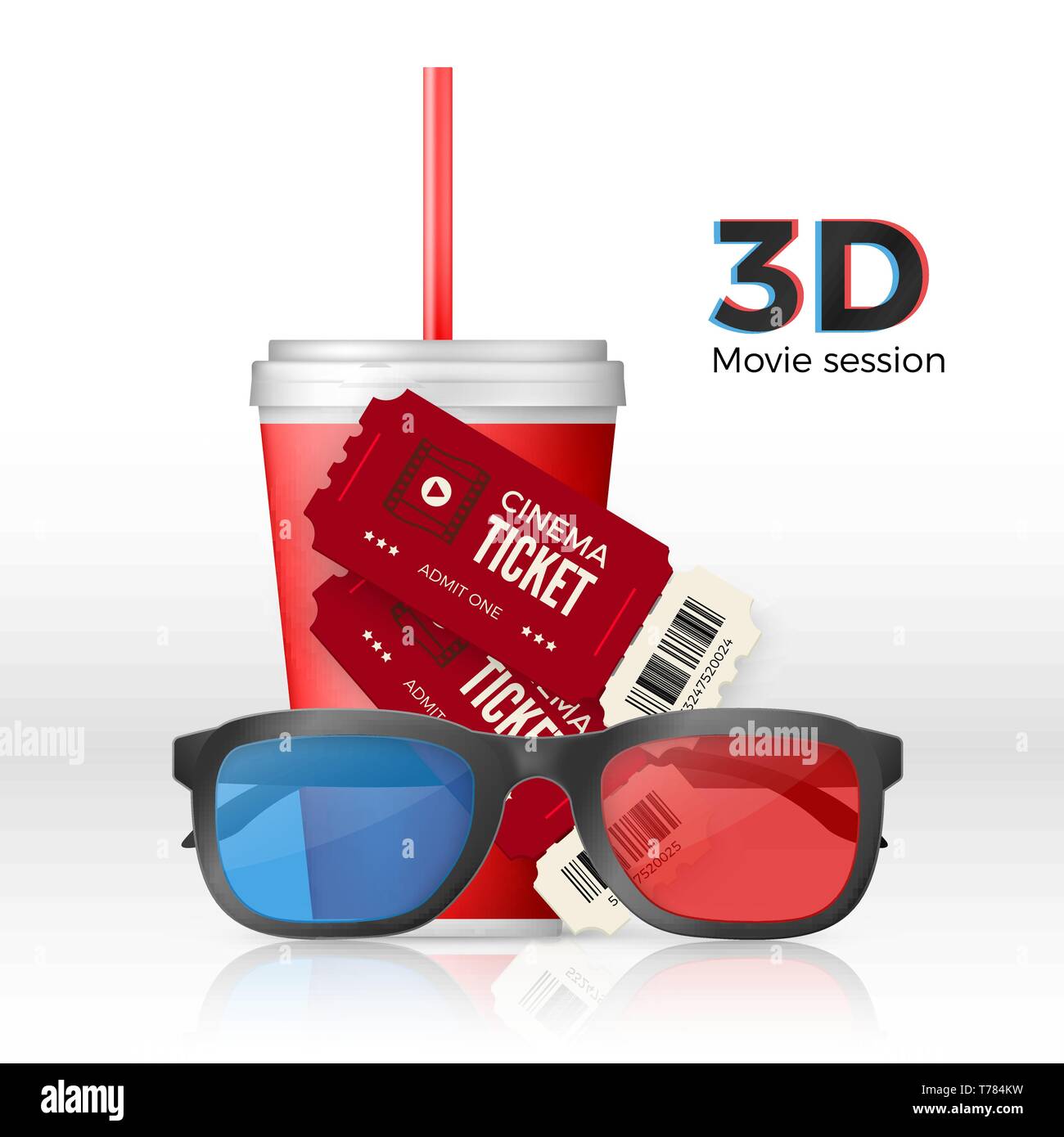 Movie set - 3D glasses tickets and cup of drink. Web banner or poster. Vector illustration Stock Vector