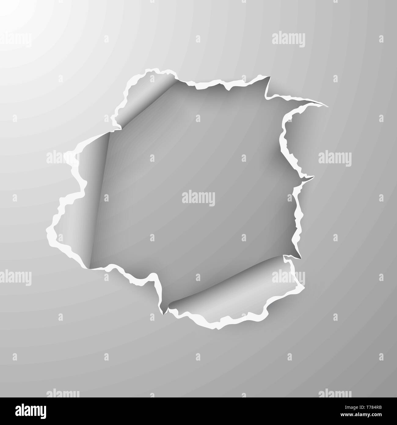 Torn hole in sheet of paper on transparent background with space for text. Vector illustration Stock Vector