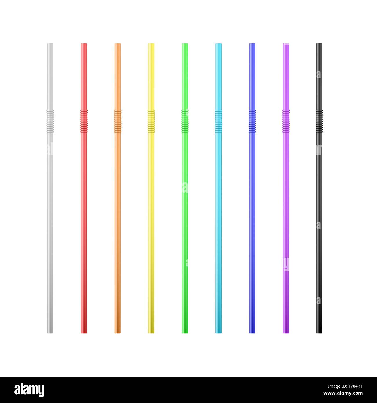 Set of rainbow colorful flexible cocktail straw. Vector illustration isolated on white background Stock Vector
