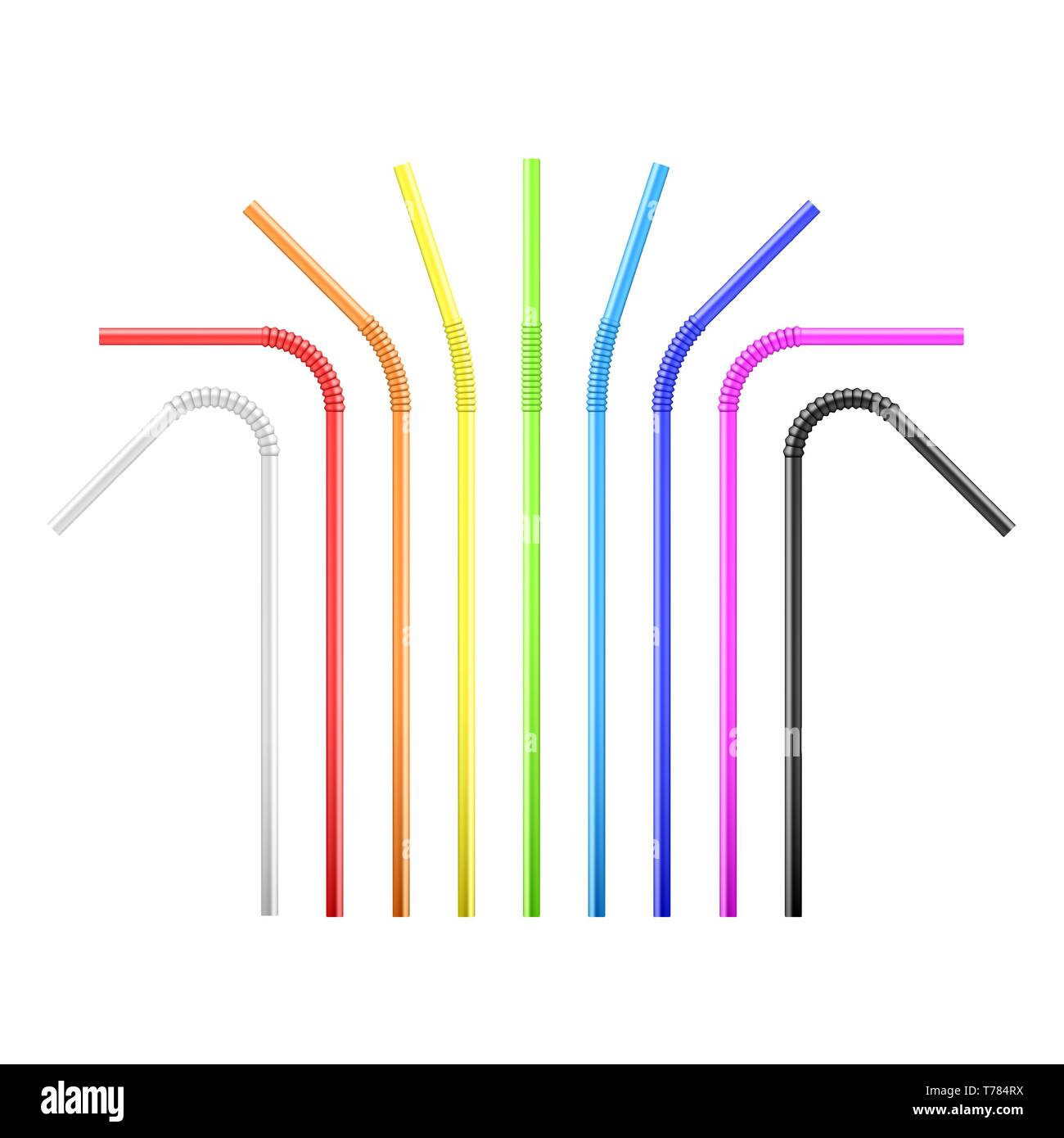 Set of rainbow colorful flexible cocktail straw. Vector illustration isolated Stock Vector