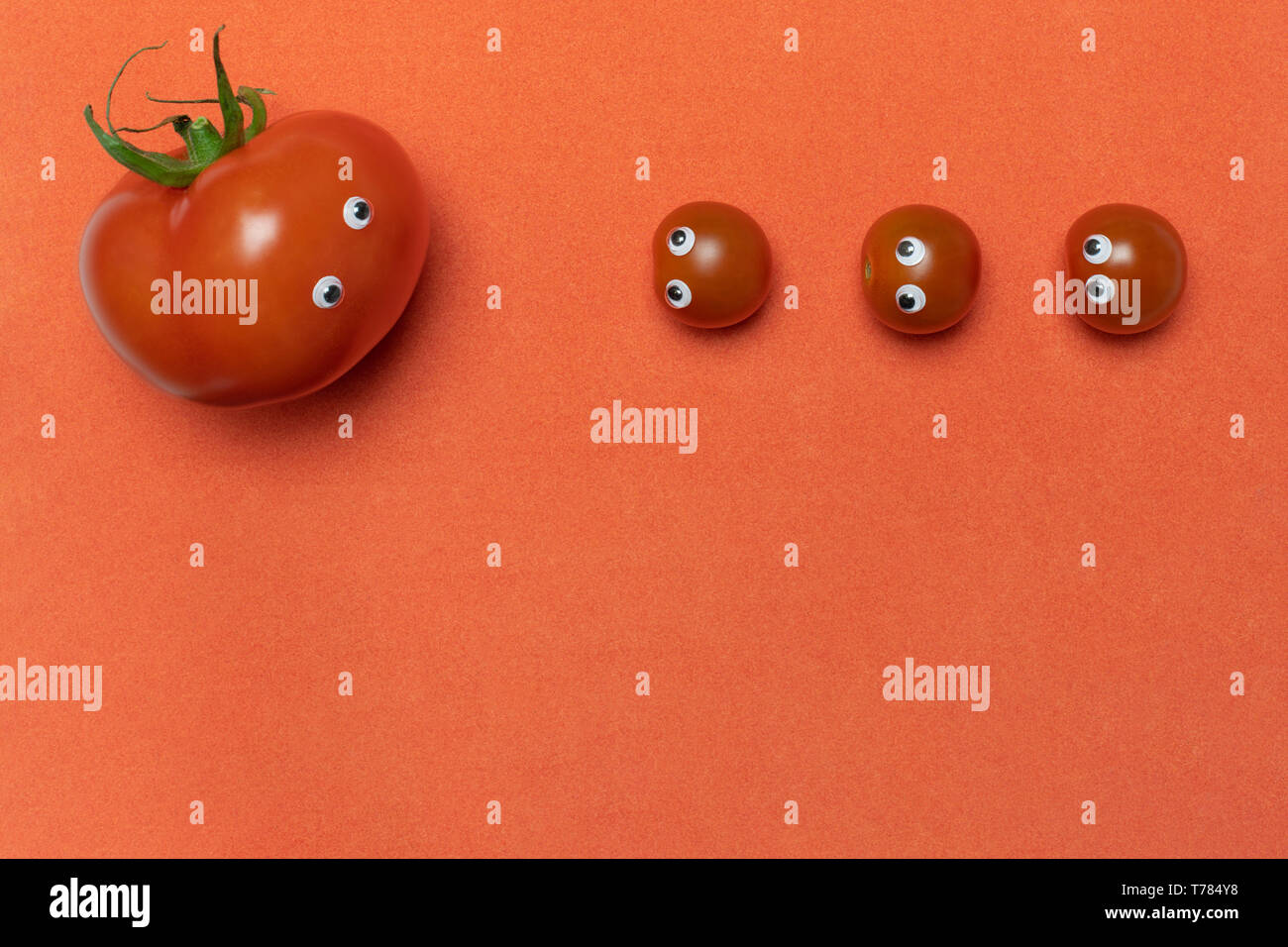 Tomatoes with eyes funny concept, copy space. Fresh little cherry and