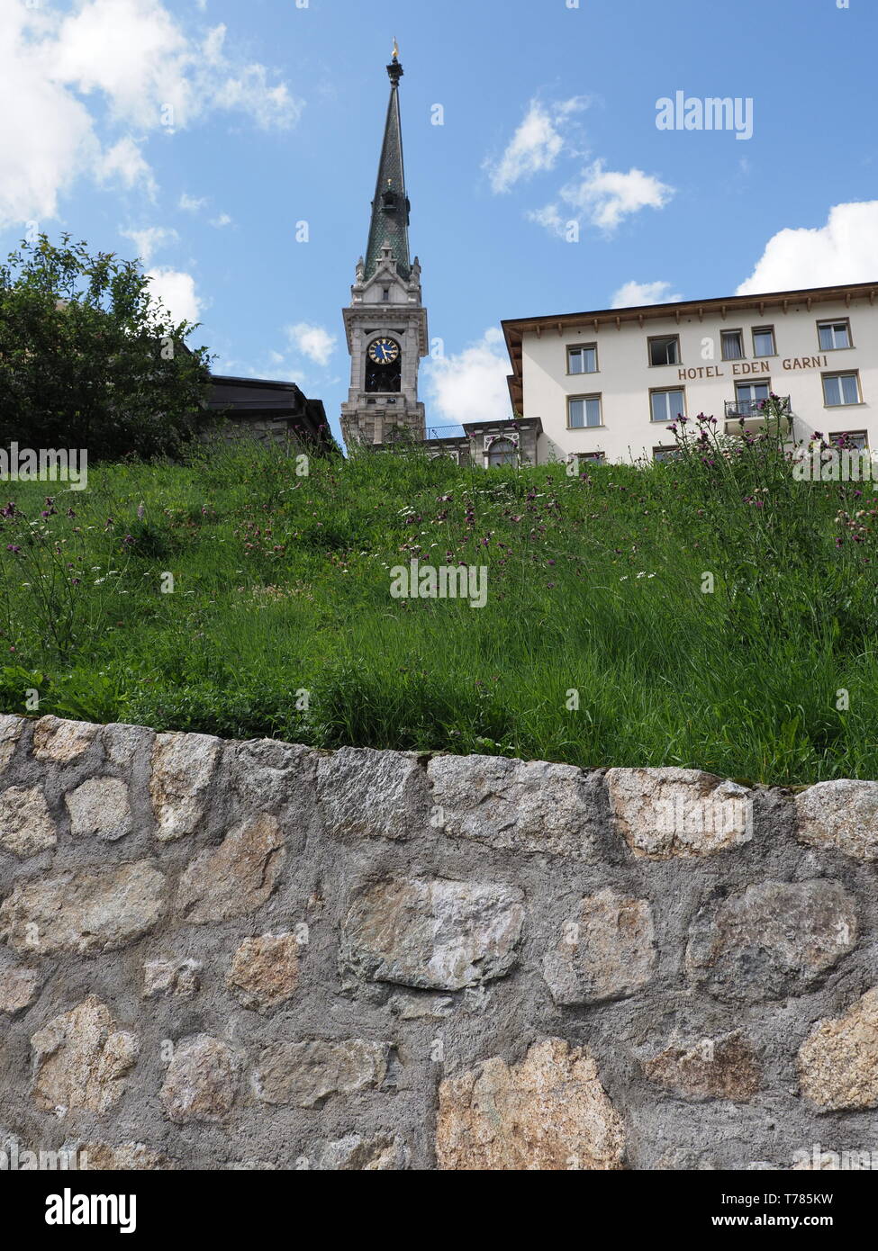 Clock tower of Evangelische Kirke, protestant church and hotel in