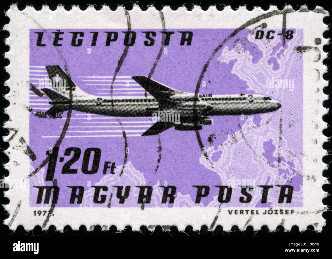 Postage stamp from Hungary in the Airpost - Planes, Airlines and Maps series issued in 1977 Stock Photo