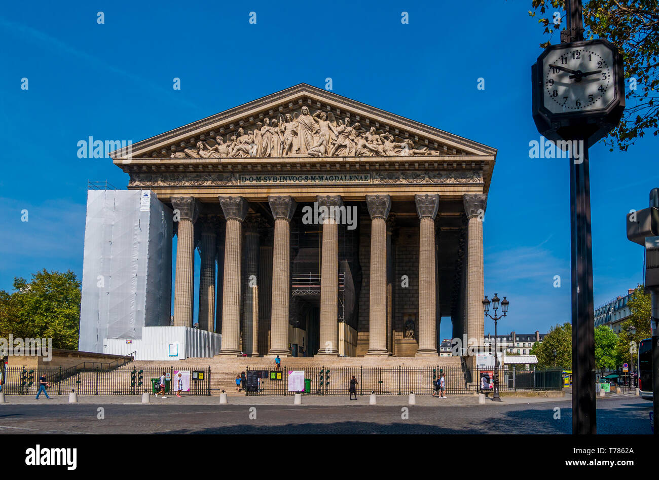 Paris, France, August 19,2018 : La Madeleine, or Sainte-Marie-Madeleine, a Roman Catholic church occupying a commanding position in the 8th arrondisse Stock Photo