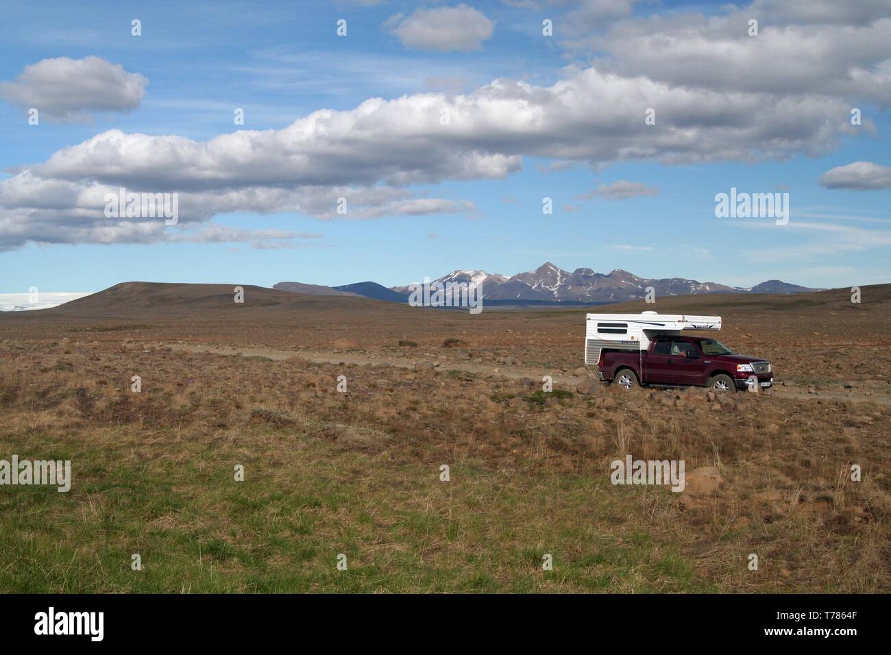 ICELAND - JULY 28. 2008: Isolated off road 4 wheel camper in waste land Stock Photo