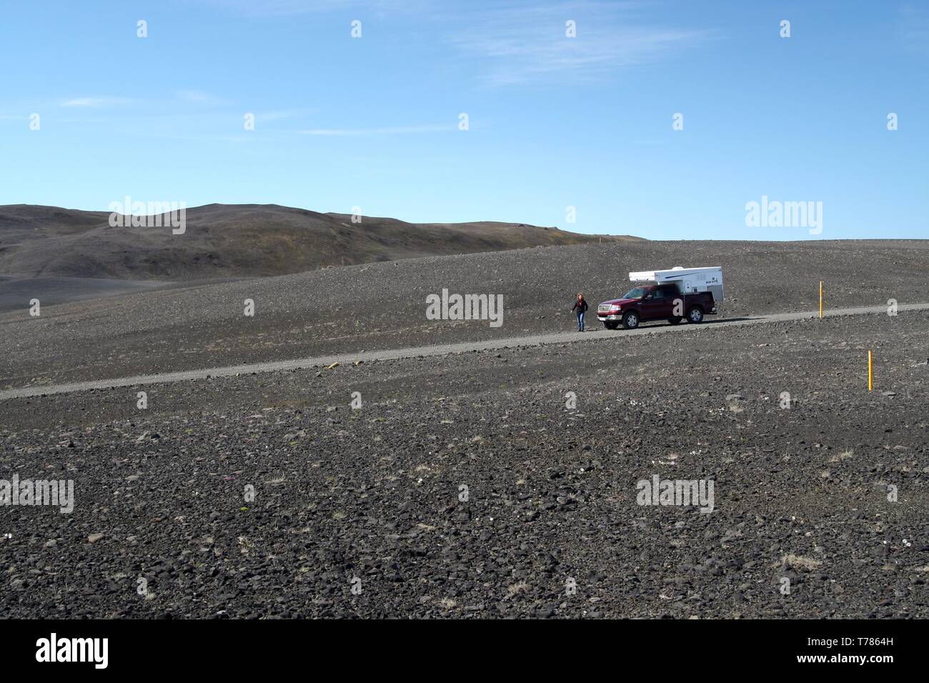 ICELAND - JULY 28. 2008: Isolated 4 wheel camper in unreal wide landscape Stock Photo
