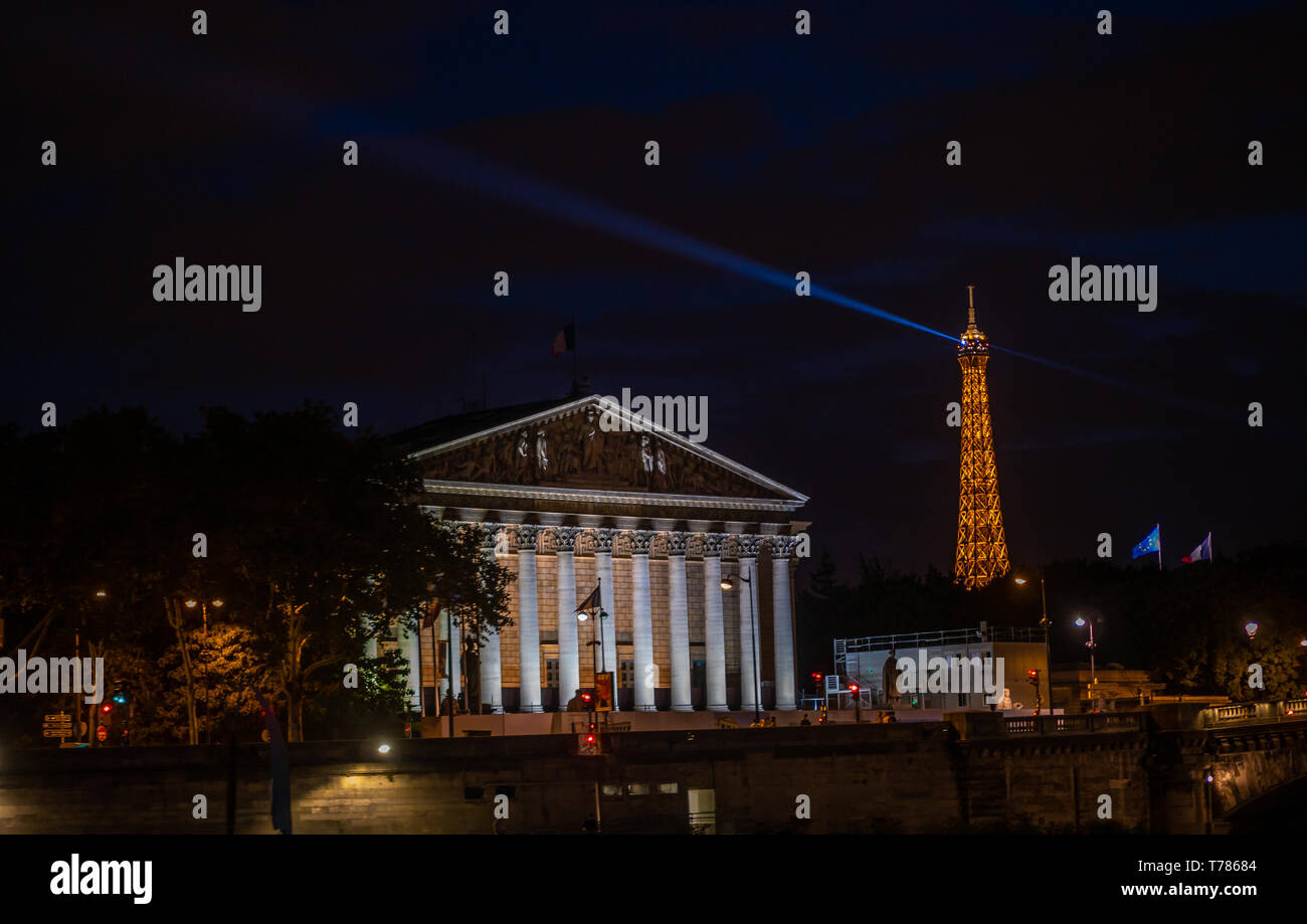 Paris, France, August 19,2018 : La Madeleine, or Sainte-Marie-Madeleine at night, a Roman Catholic church occupying a commanding position in the 8th a Stock Photo