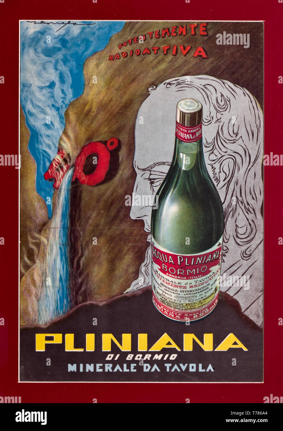 Manifesto pubblicitario d'epoca dell'Acqua Pliniana.  [ENG]  Advertising vintage poster of Pliniana water. Stock Photo
