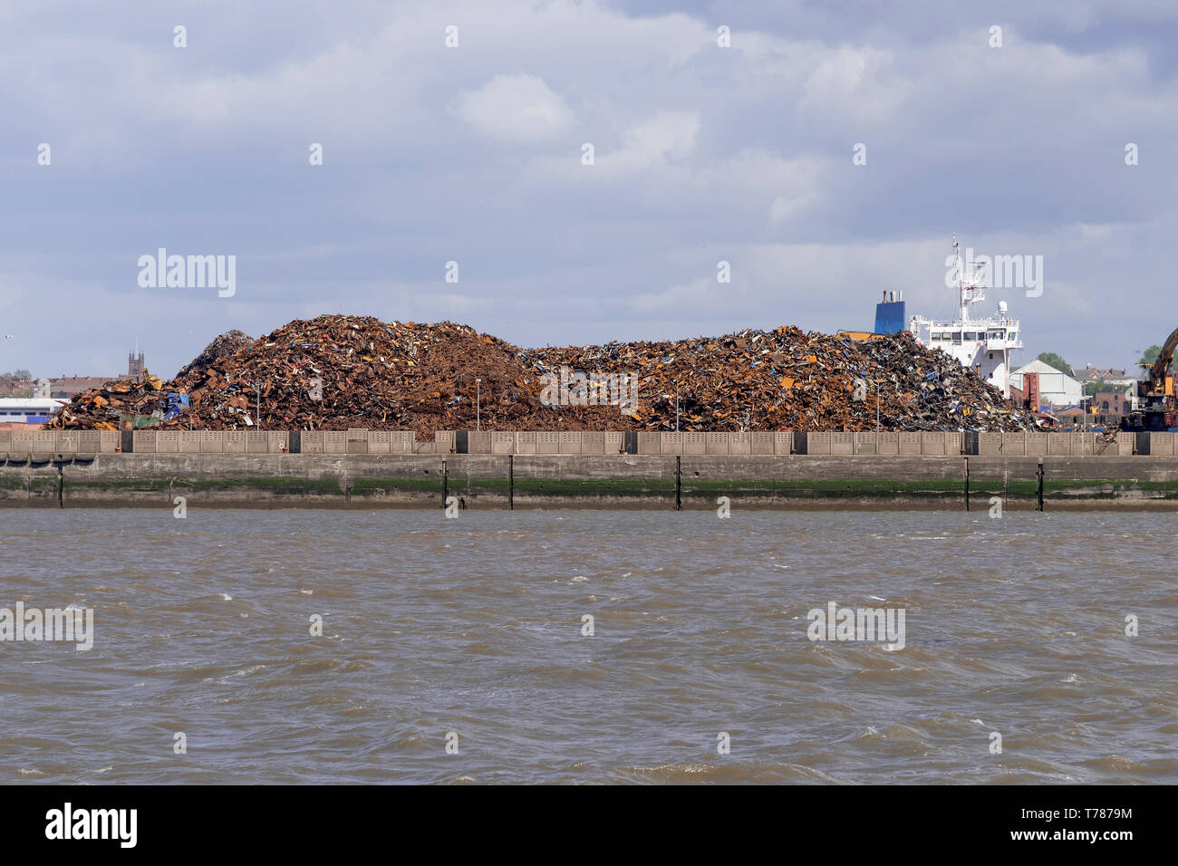 Liverpool.docks  Giant cranes. Scrap metal heap. Stock Photo