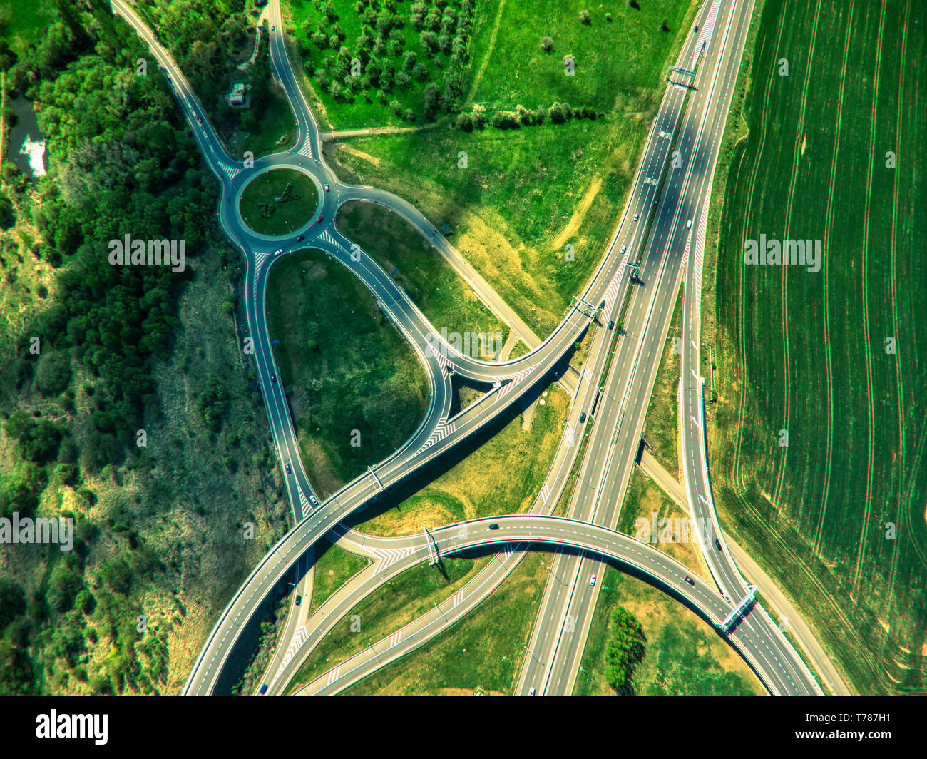 aerial view of crossroads under clouds Stock Photo