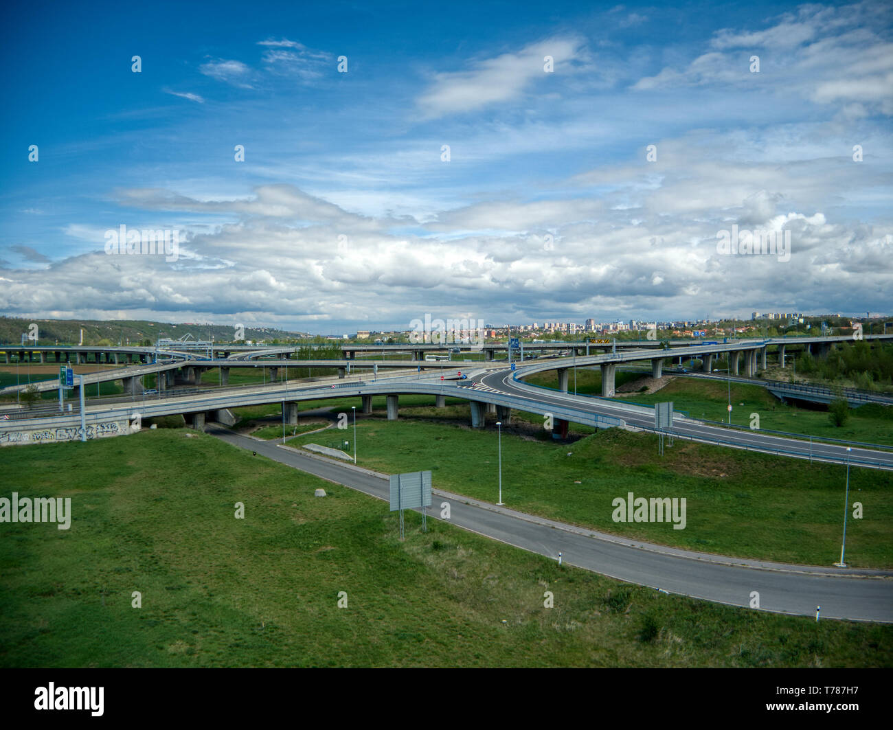 aerial view of crossroads under clouds Stock Photo