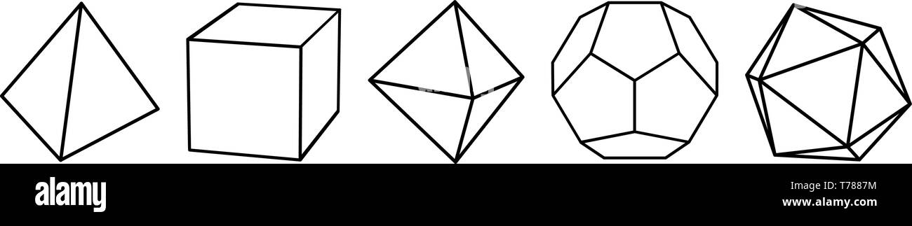 Platonic solid tetrahedron, cube, octahedron, dodecahedron, icosahedron Stock Vector
