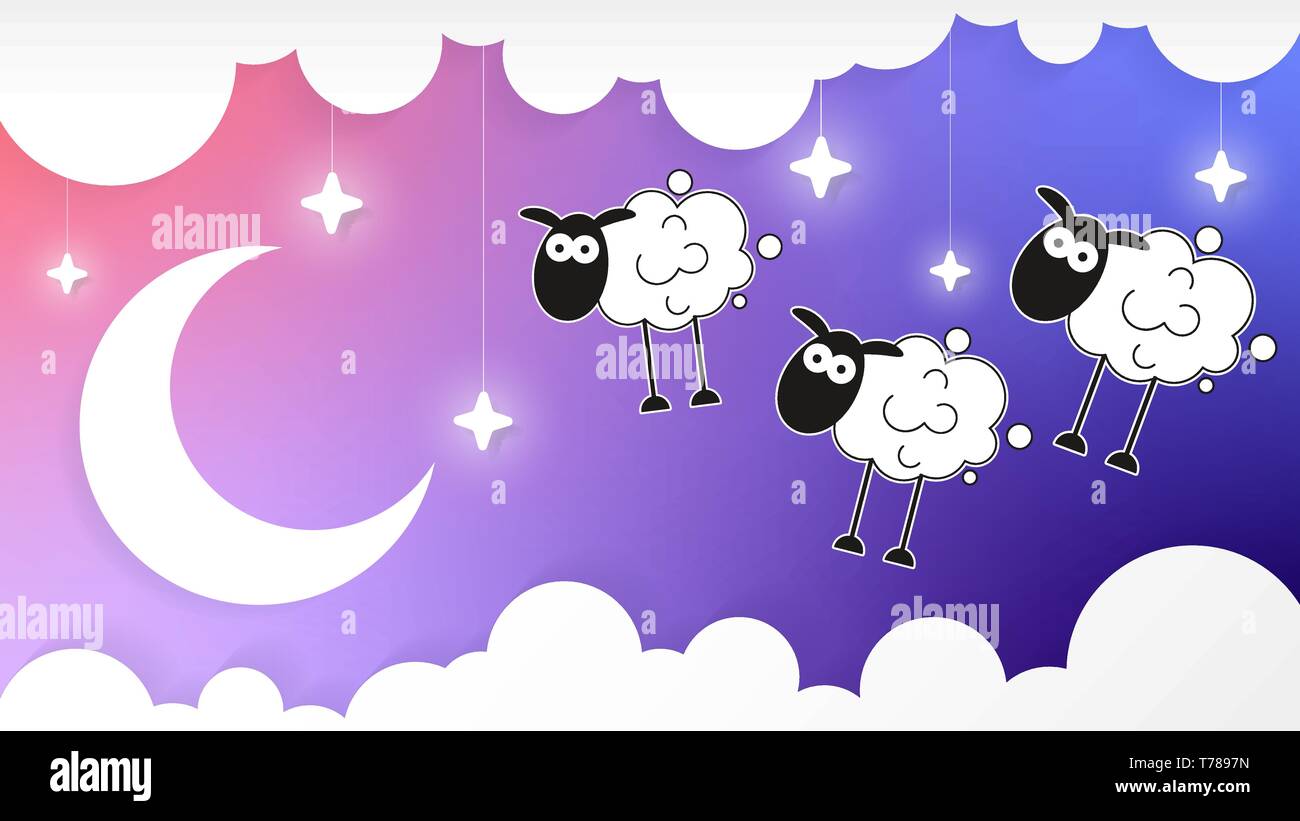 Night Sky With Crescent Moon And Clouds And Sheep Vector Background Stock Vector