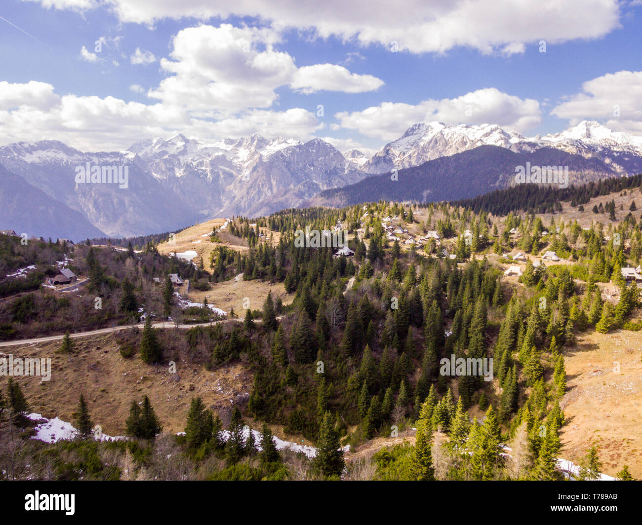 Velika Planina Alpine Meadow, aerial photo of beautiful nature on a sunny day Stock Photo