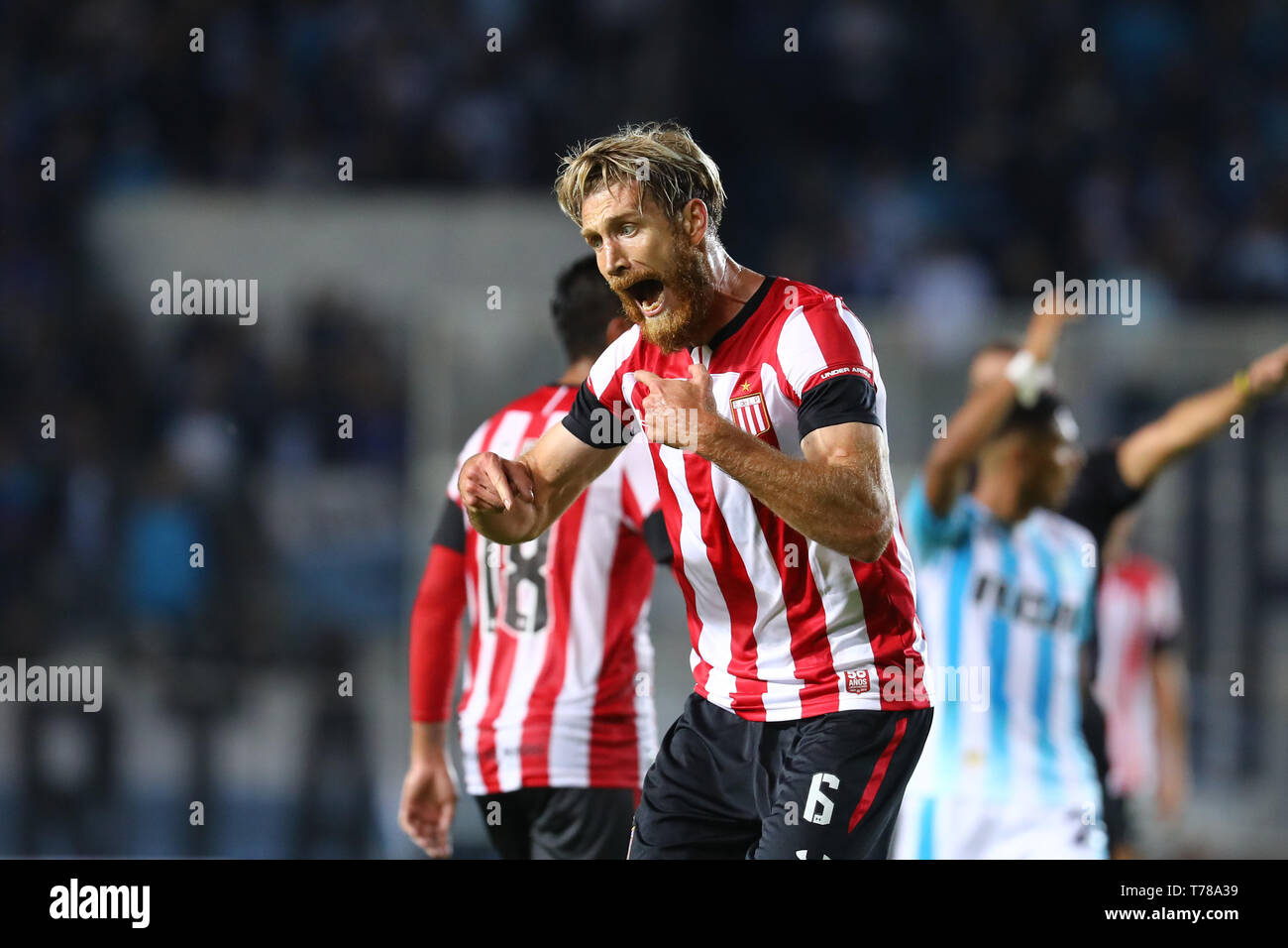 Buenos Aires, Argentina - May 04, 2019: Jonathan Schunke screaming in anger for a foul validated in favor of Racing Club in Avellaneda, Buenos Aires Stock Photo