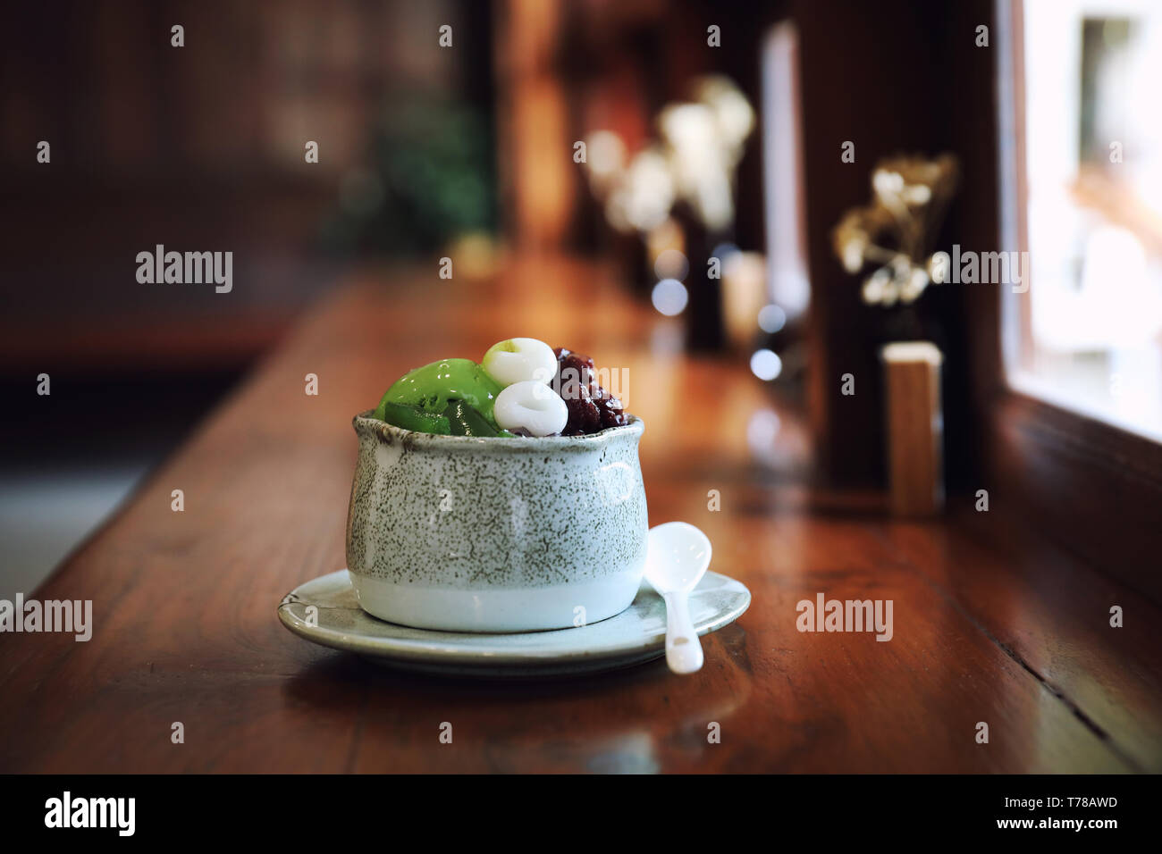 Japanese dessert Anmitsu green tea ice cream red bean and moji Stock Photo